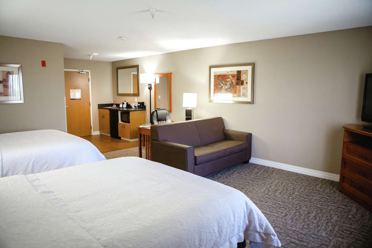 A hotel room with two beds, a desk, a chair, a sofa, a television, and artwork on the walls.