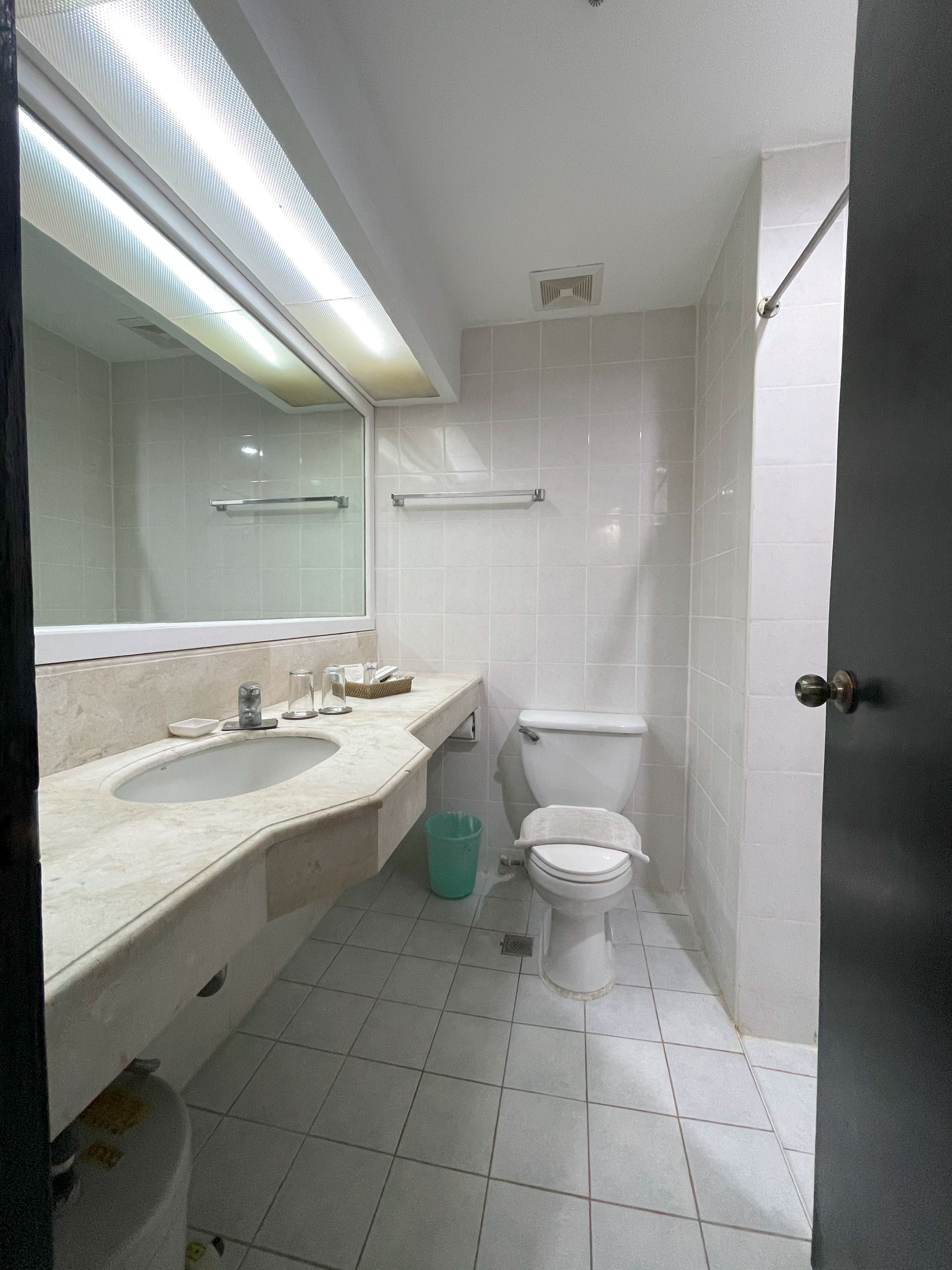 Un baño con lavamanos, espejo, inodoro y un cubo de basura.