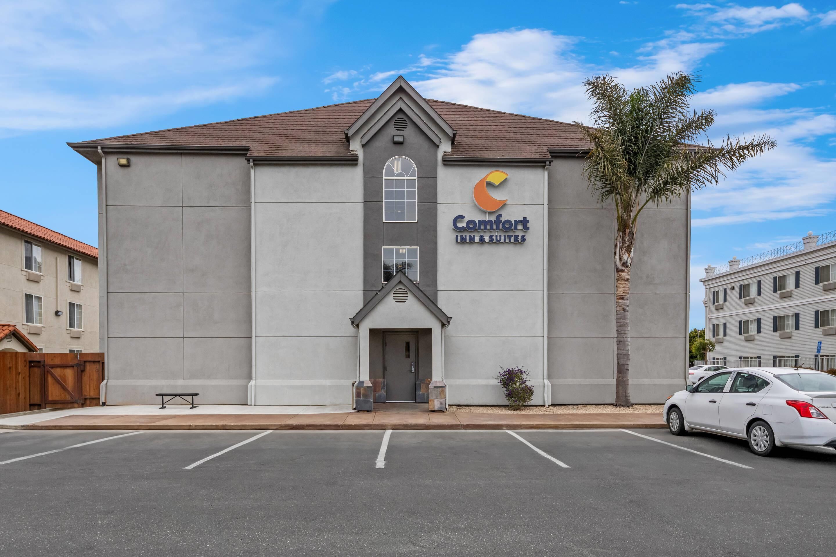 A Comfort Inn & Suites building with a simple facade, a parking lot, and a palm tree.