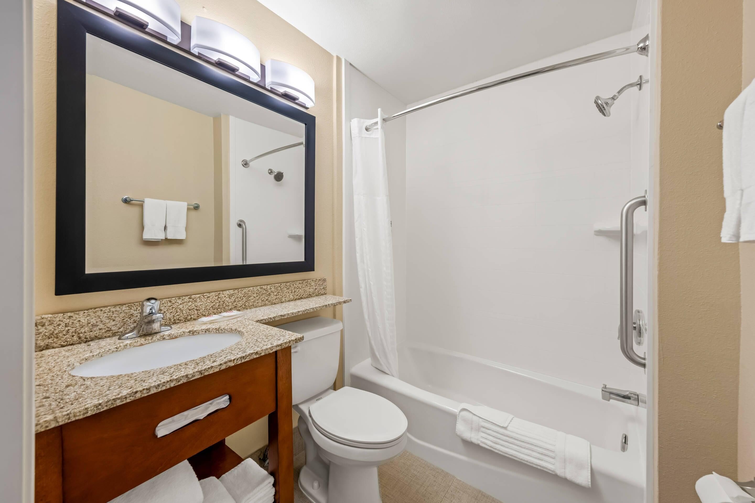 A bathroom with a sink, mirror, toilet, and a shower with a curtain.