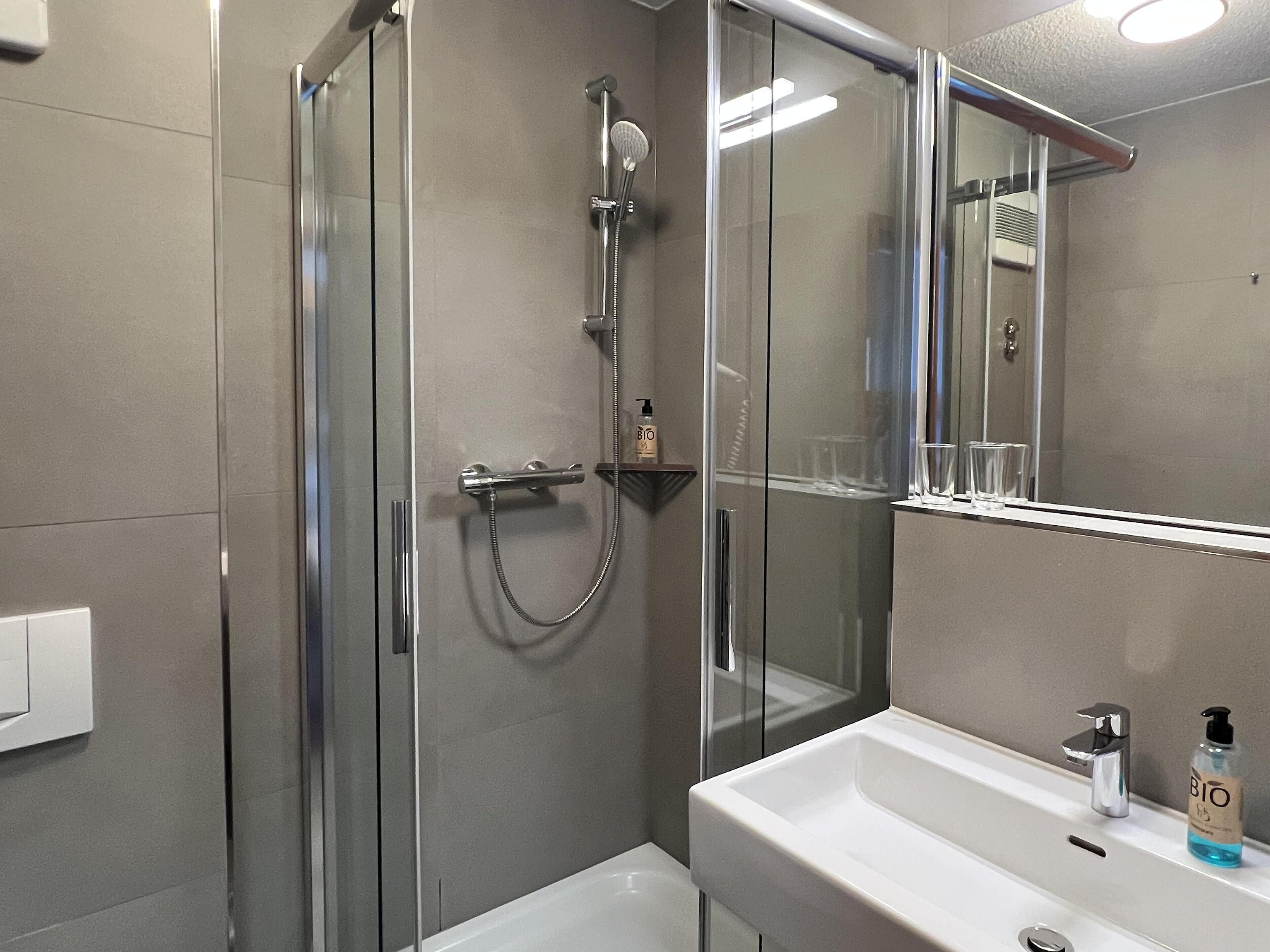 standard double room | bathroom | shower, eco-friendly toiletries, hair dryer, towels