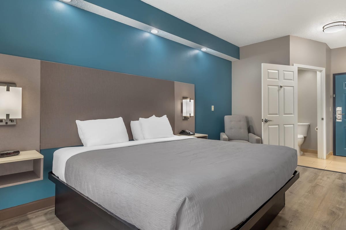 A modern hotel room with a large bed, a bedside table, a chair, and a bathroom door.