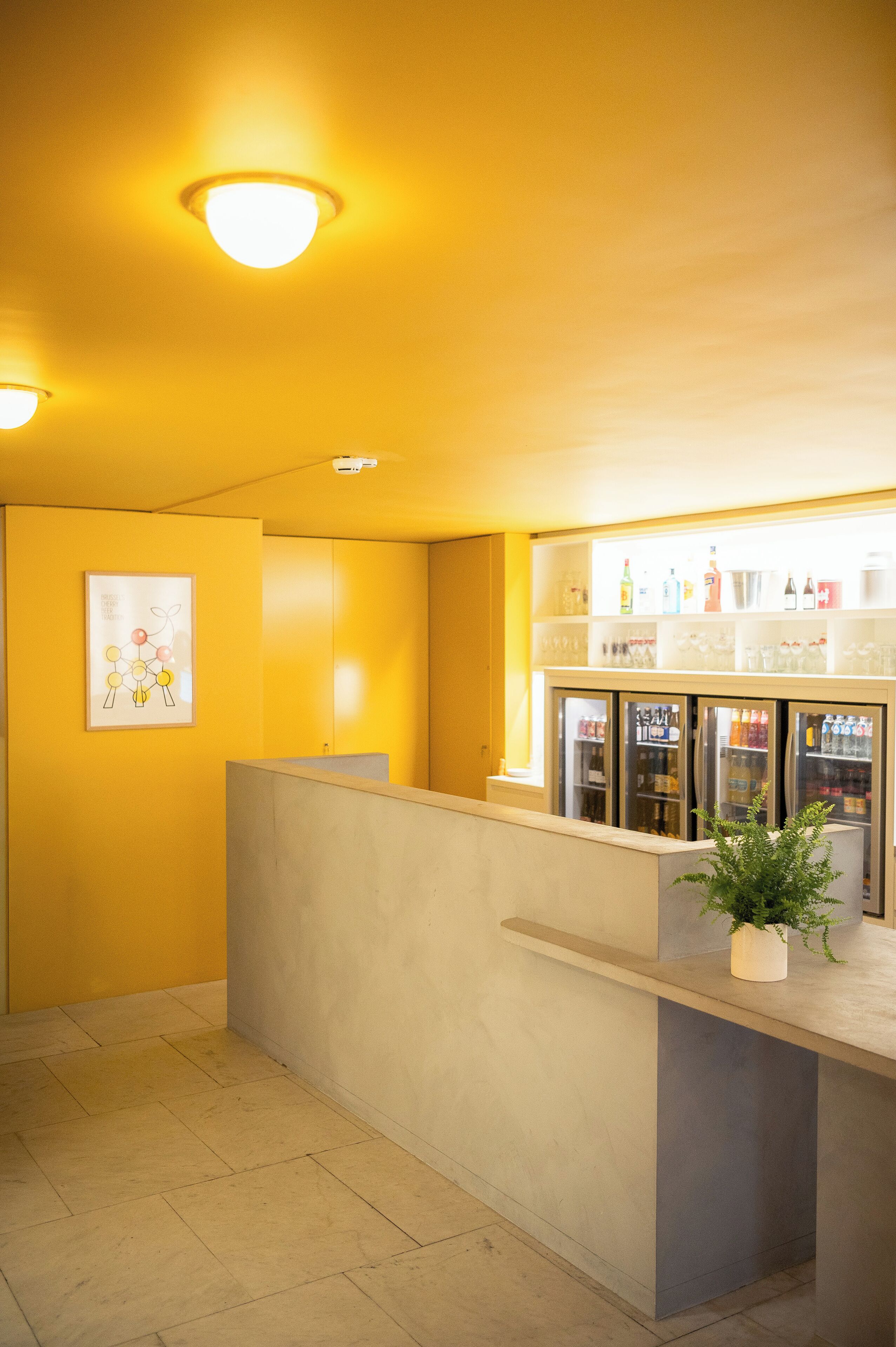Un espace d’accueil comprenant un comptoir, une plante en pot, une œuvre d’art accrochée au mur et un réfrigérateur rempli de boissons.