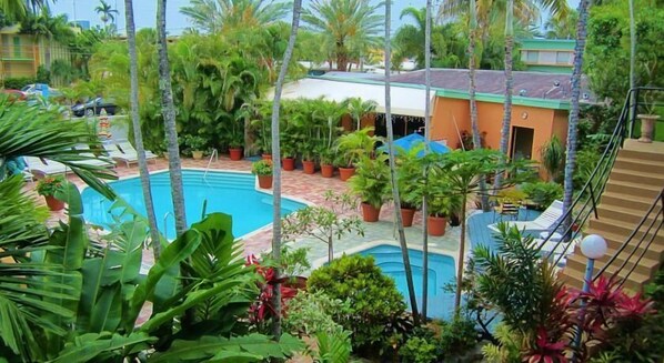 Outdoor pool, pool umbrellas, pool loungers