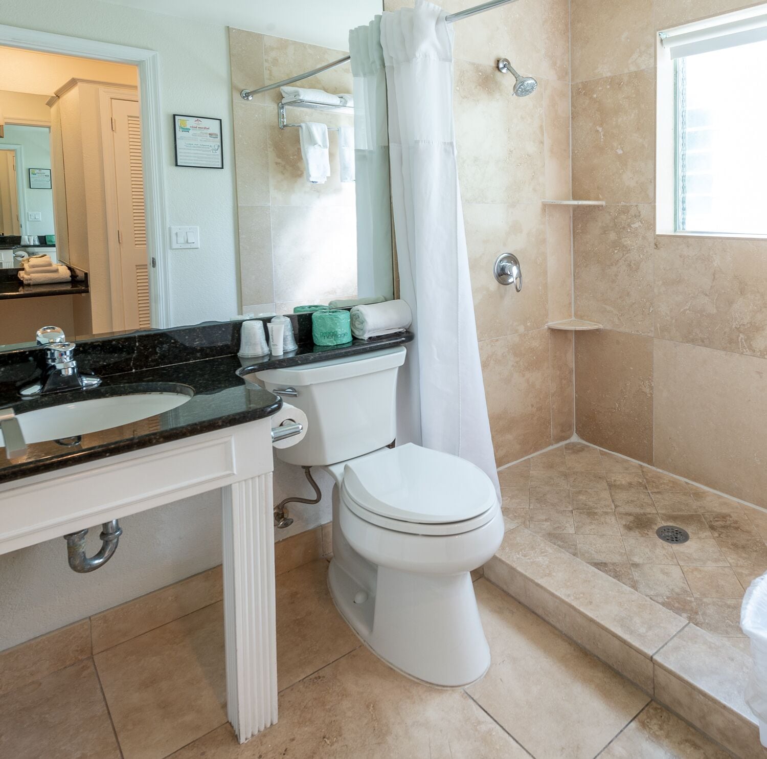 shower, free toiletries, hair dryer, towels