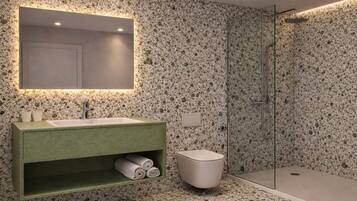 Shower, rainfall showerhead, hair dryer, slippers