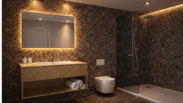 Buồng tắm vòi sen, vòi sen phun mưa, máy sấy tóc, dép đi trong nhà