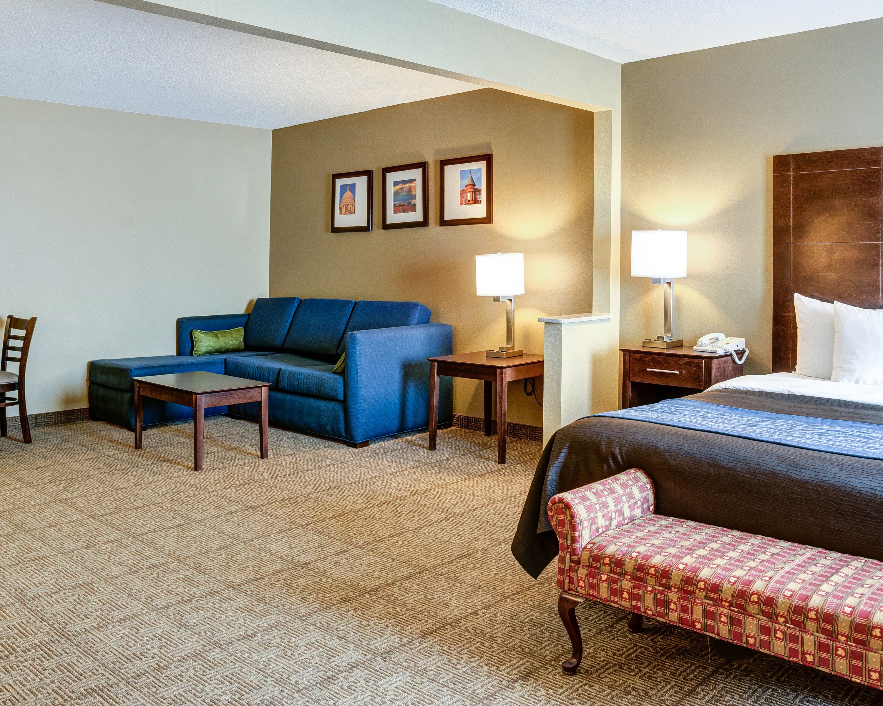 premium bedding, desk, laptop workspace, blackout curtains