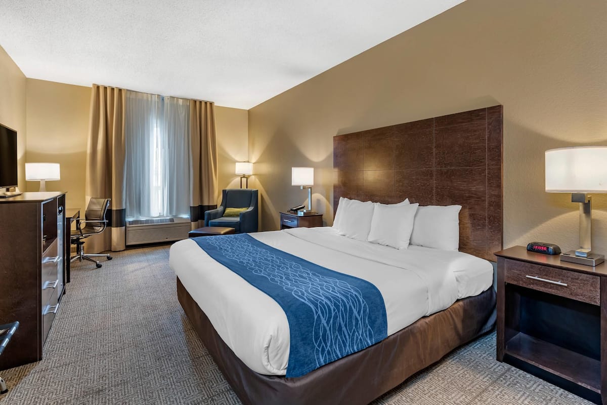 A hotel room with a large bed, a desk, a chair, and a TV.