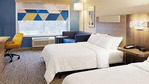A hotel room with two beds, a desk, a chair, a small table, and a window with a view. - Holiday Inn Express Castro Valley - I-580 by IHG (Castro Valley)