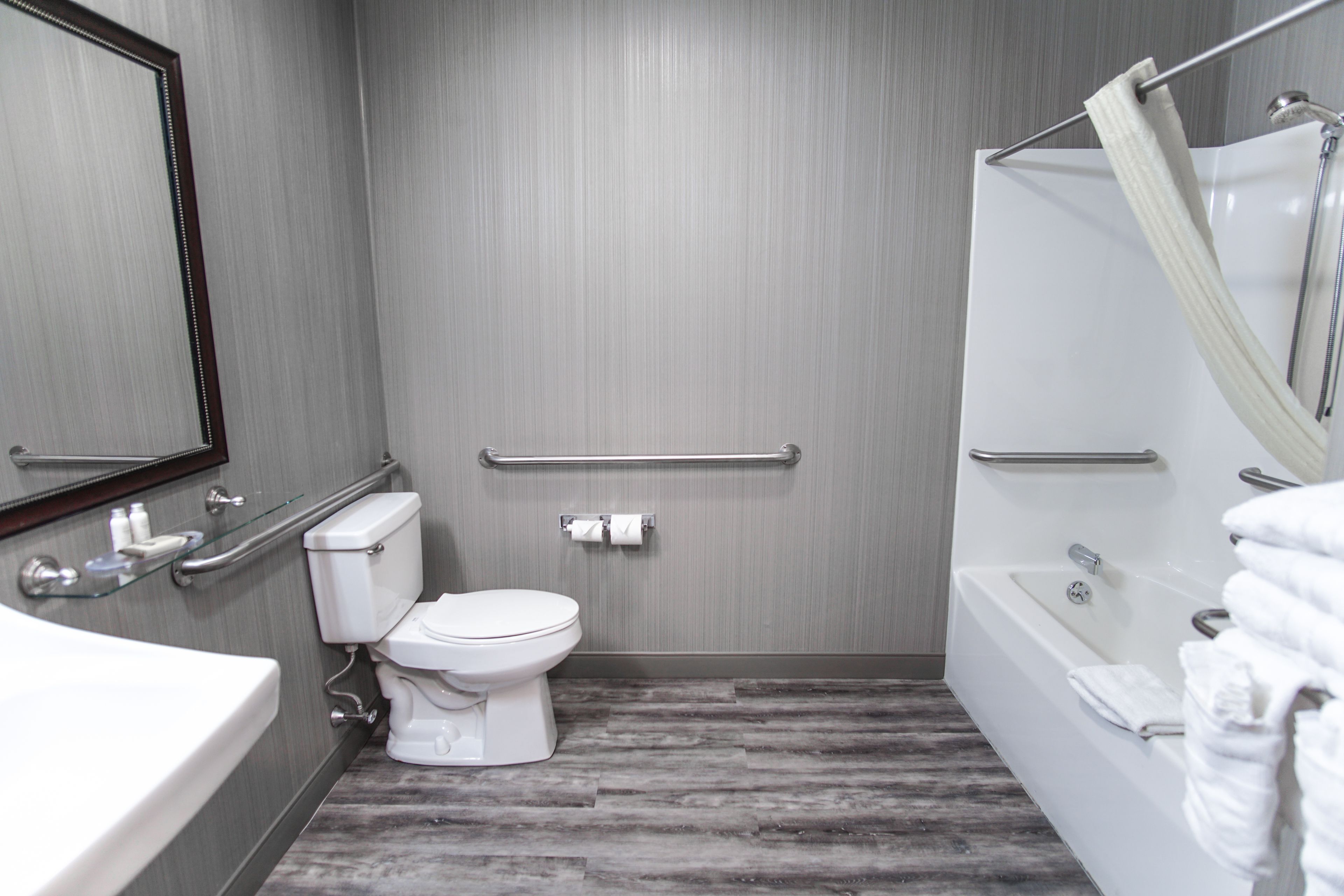 combined shower/bathtub, free toiletries, hair dryer, towels