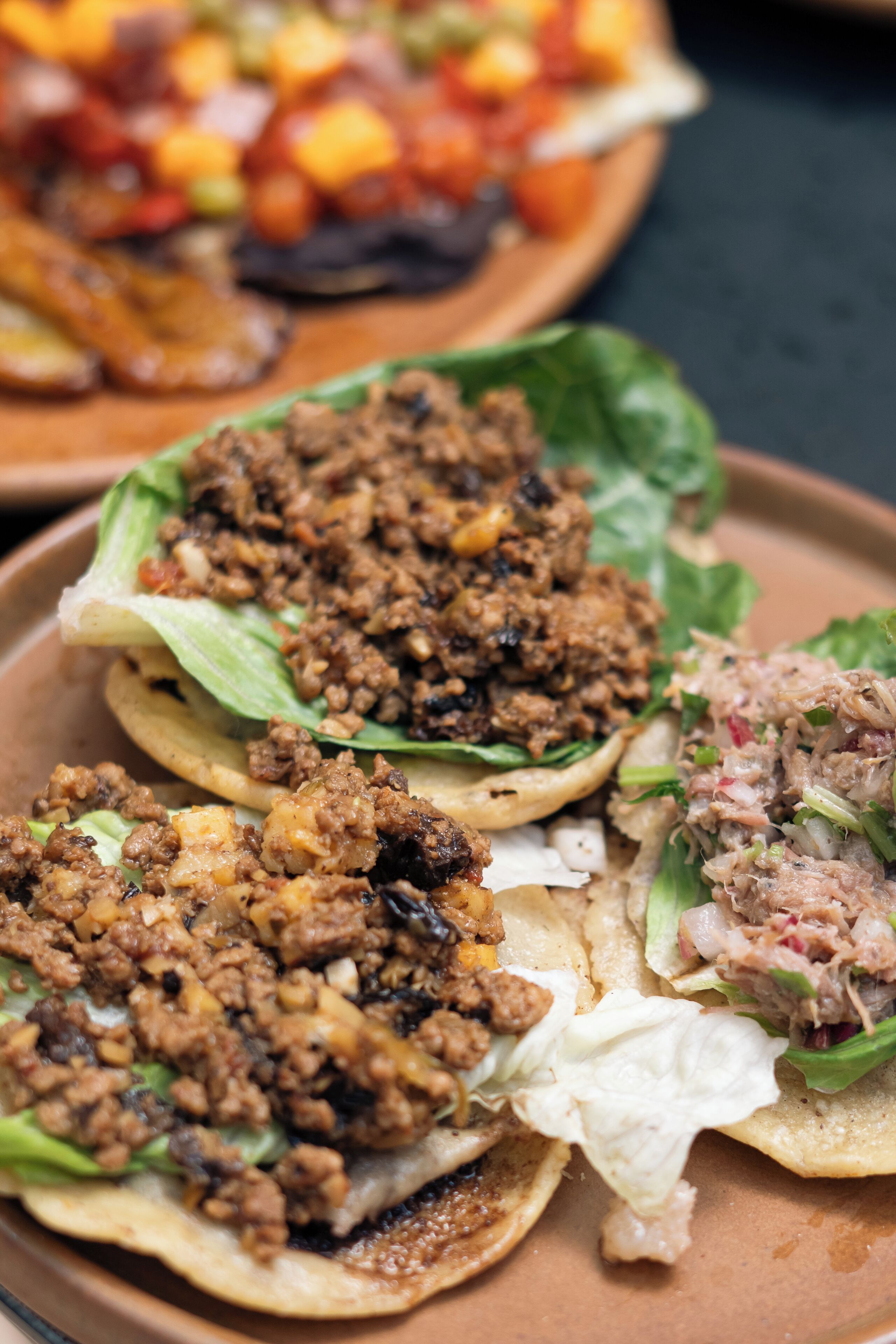 A plate with three tacos, each filled with different ingredients.