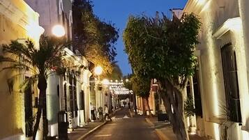 A narrow street lined with buildings, trees, and street lamps.