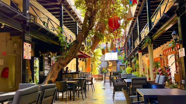 An indoor dining area with tables and chairs, a staircase, and hanging plants. - Hotel La Siesta Malecón (Mazatlán)