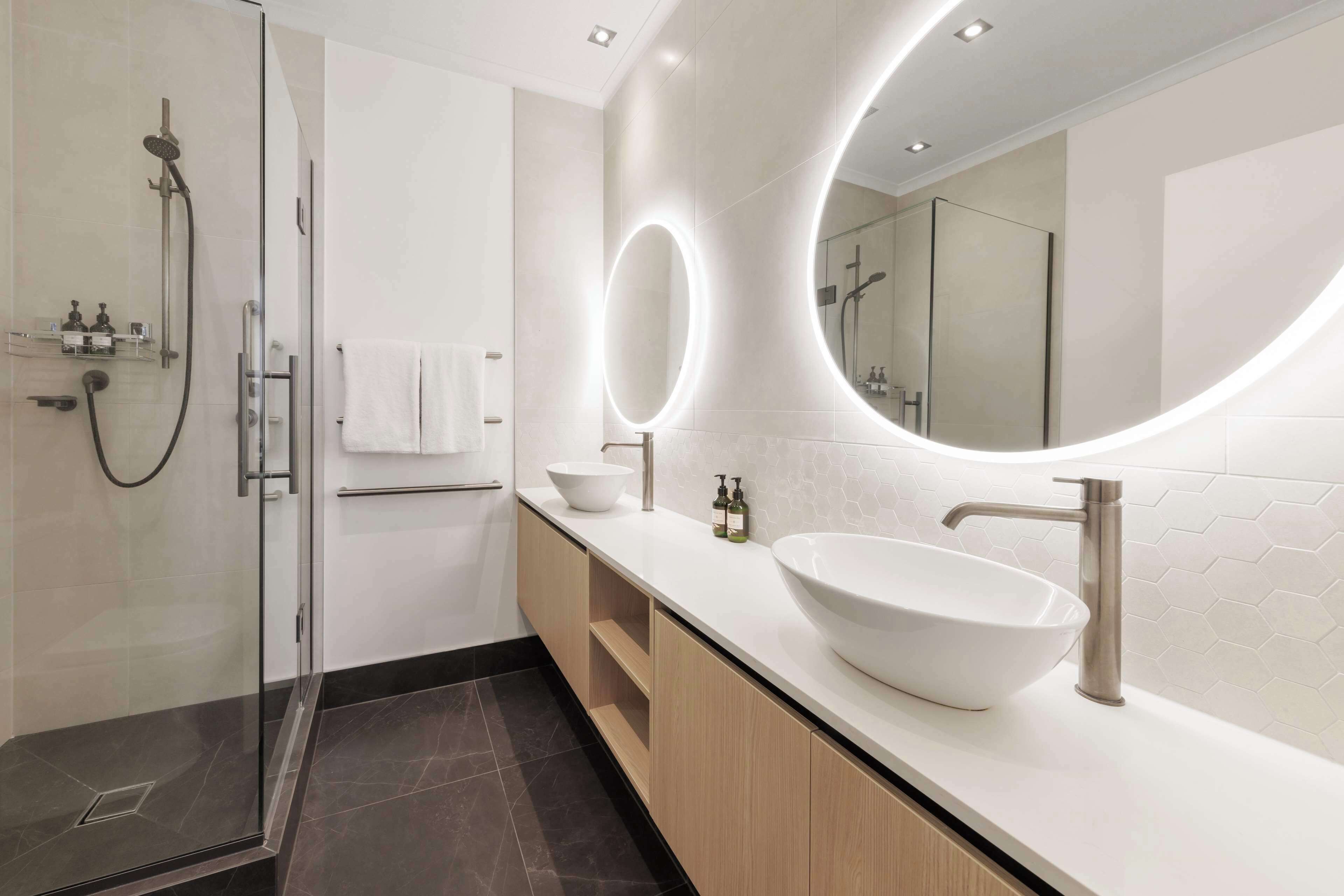 separate bathtub and shower, free toiletries, hair dryer, bathrobes