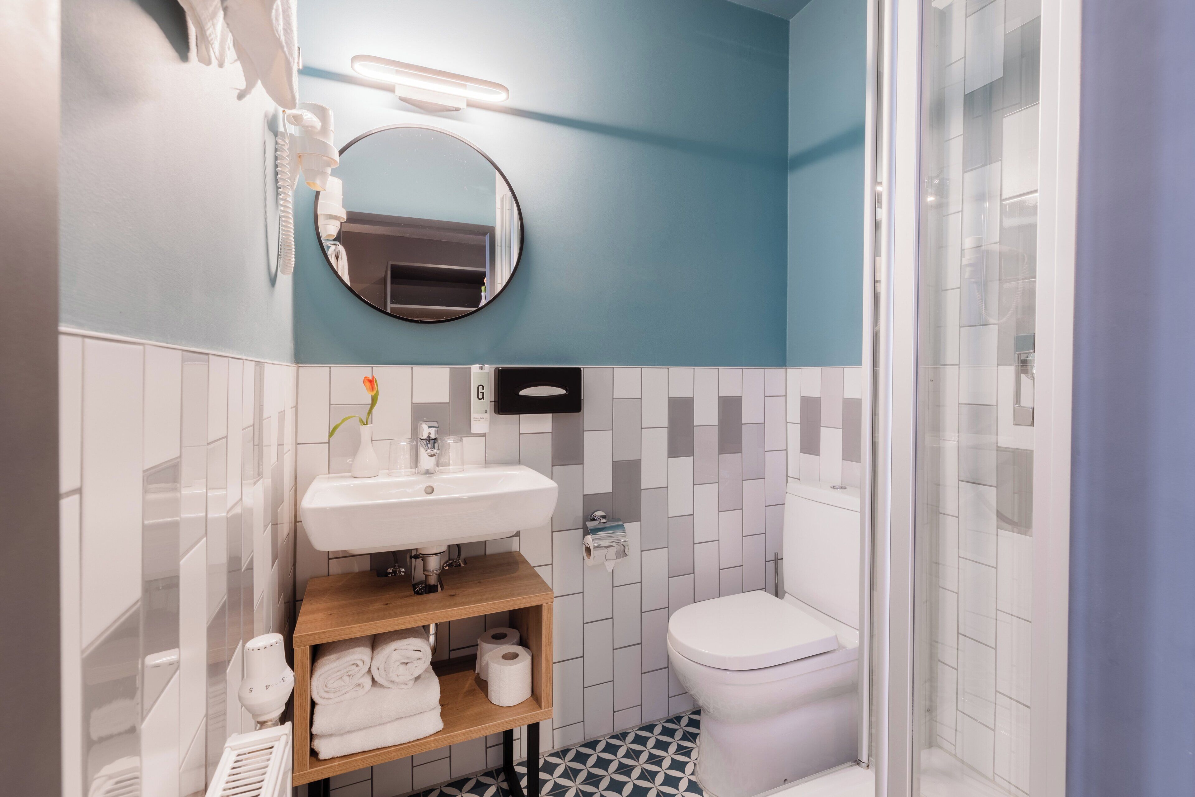 Hair dryer, towels