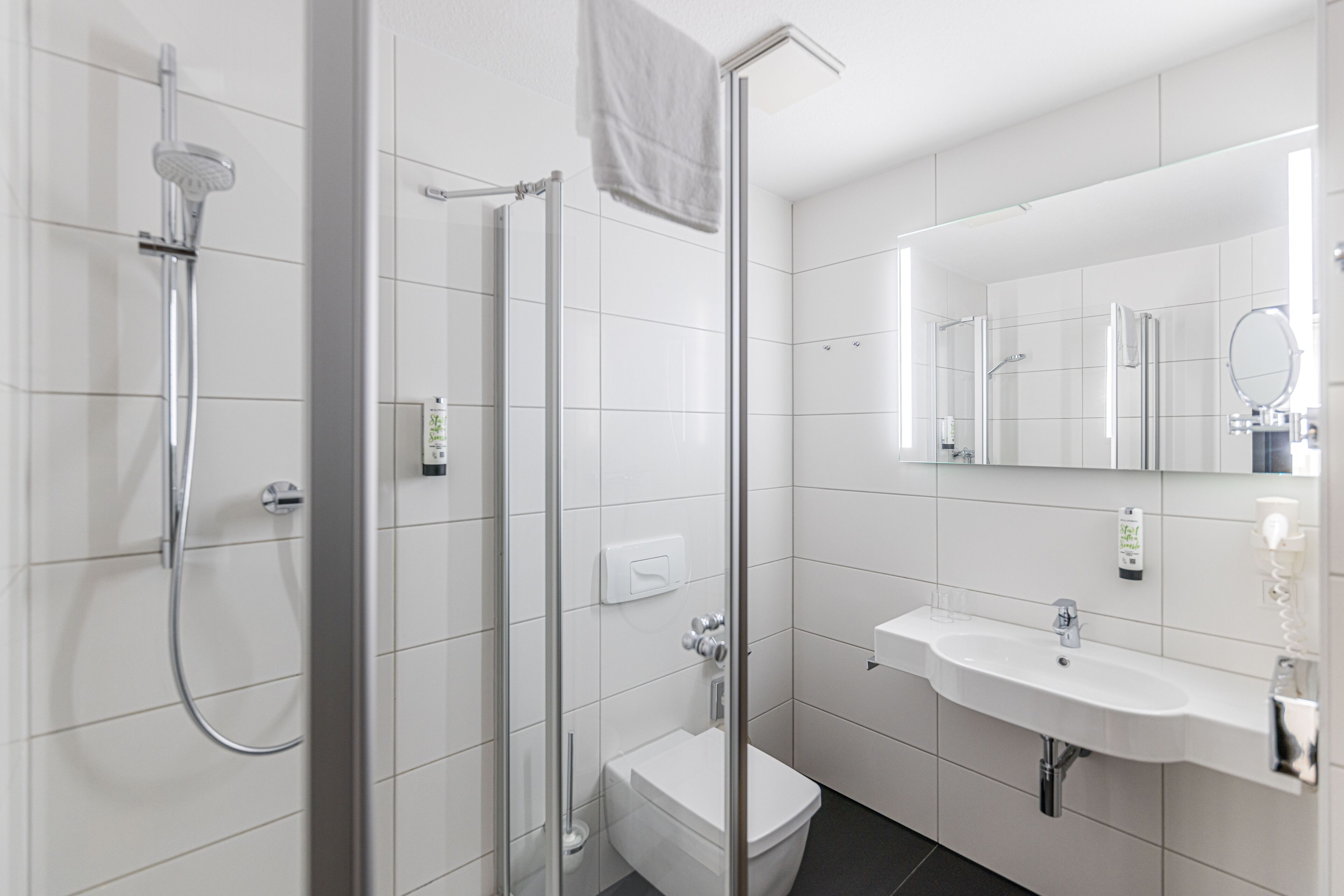 A modern bathroom with a glass-enclosed shower, a white sink, and a toilet.