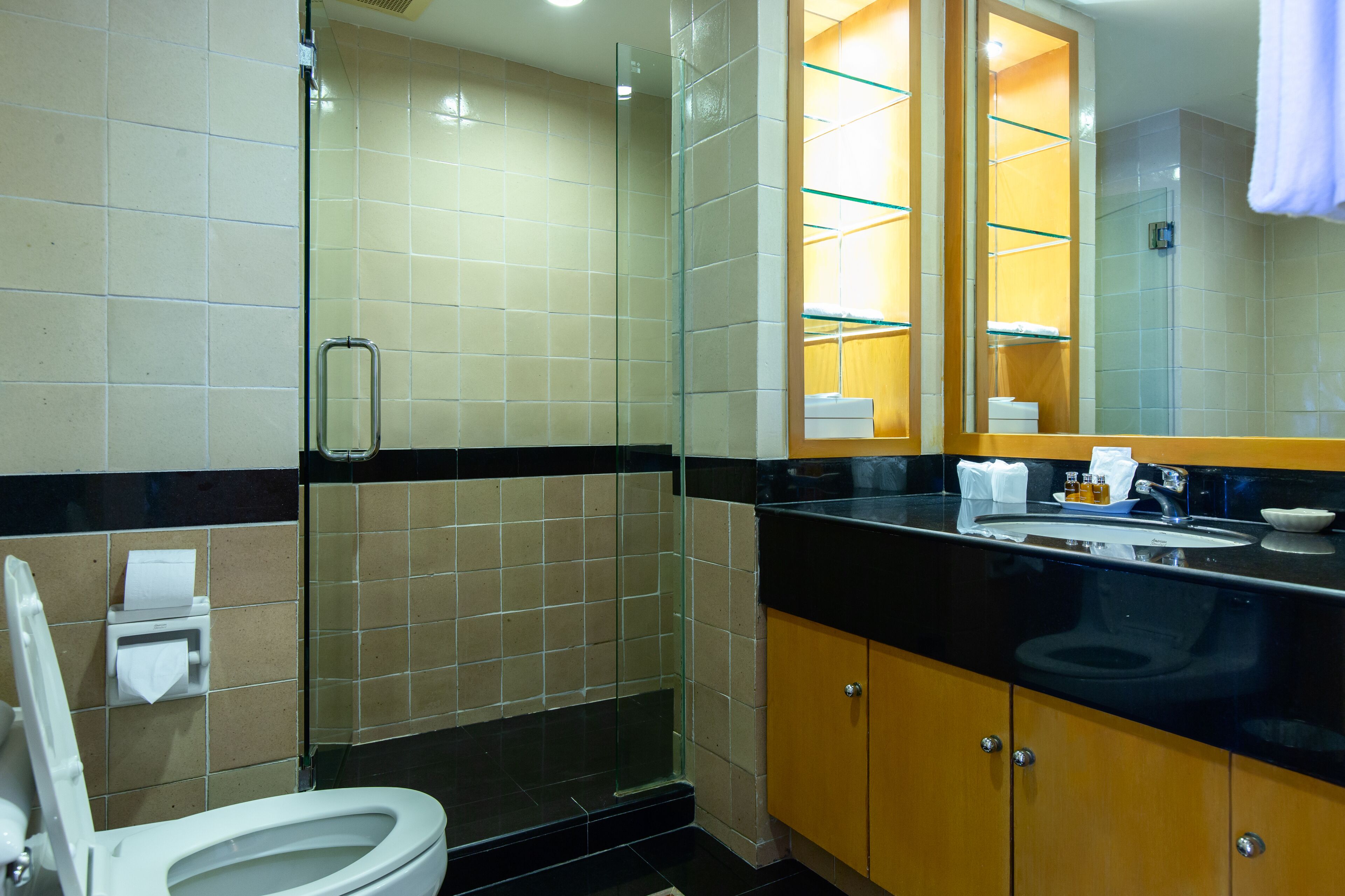 A bathroom with a toilet, sink, and glass shower enclosure.