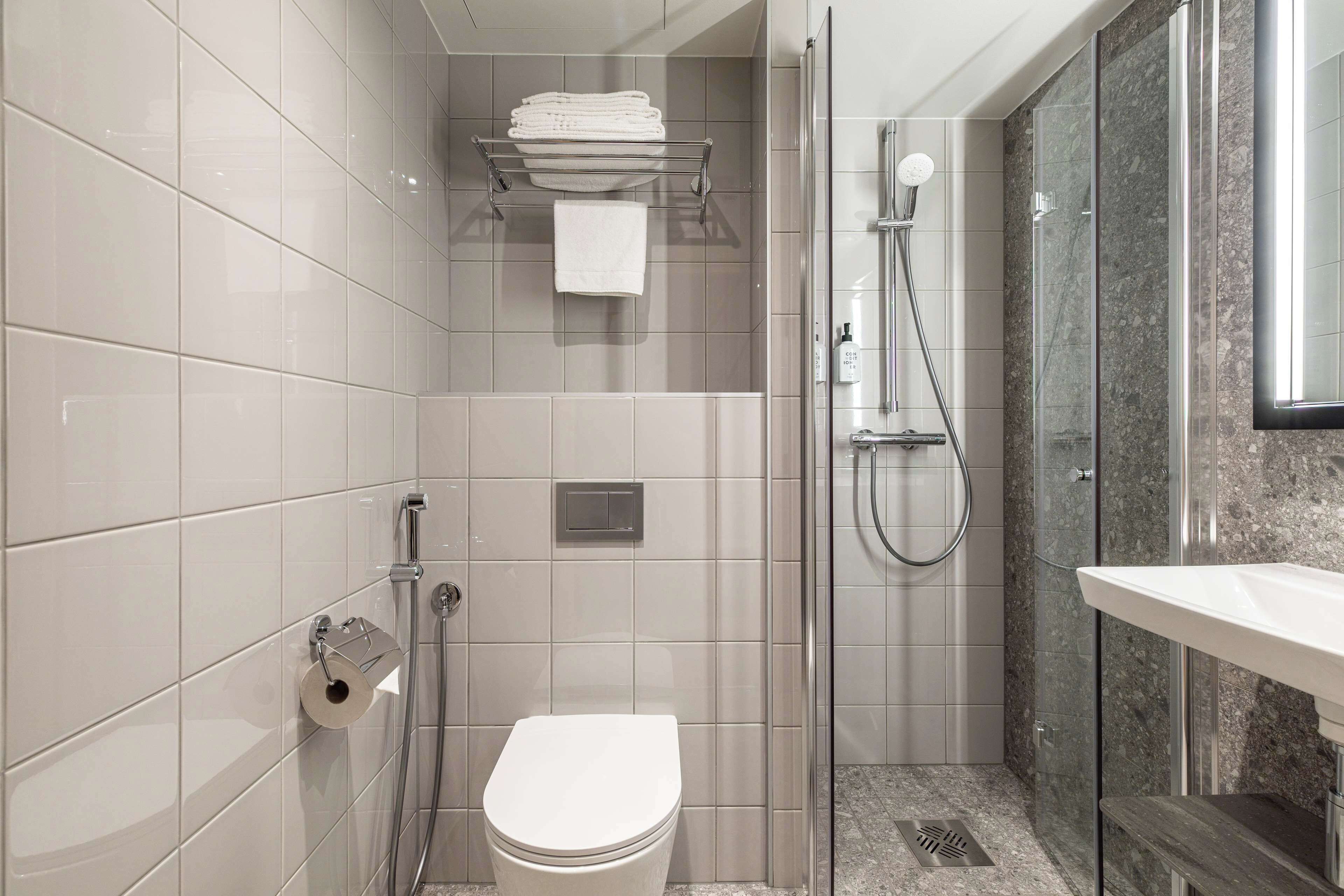 A modern bathroom with a toilet, a glass-enclosed shower, and a sink.