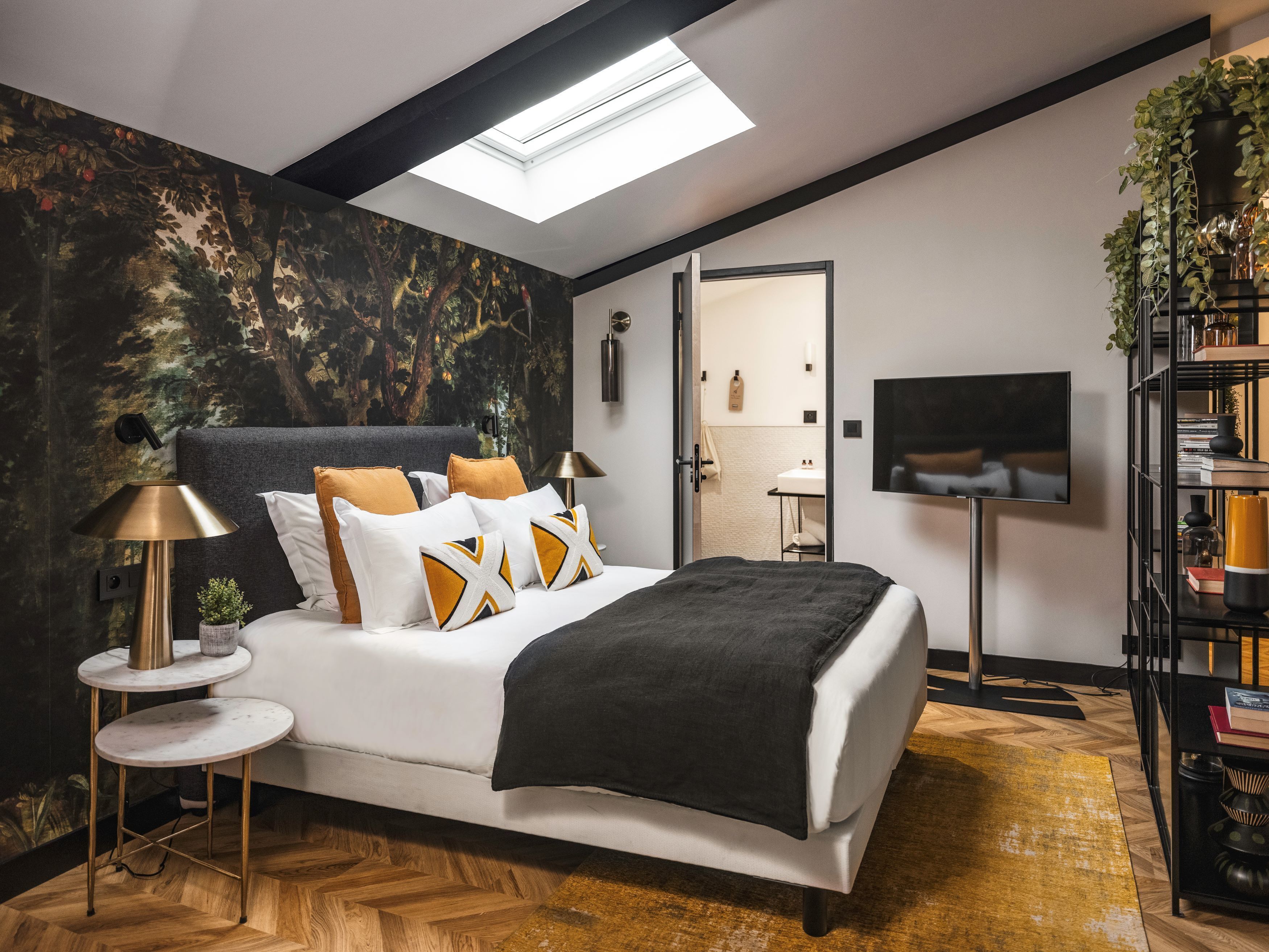 Une chambre moderne avec un lit, une télévision, une bibliothèque et une fenêtre de toit.