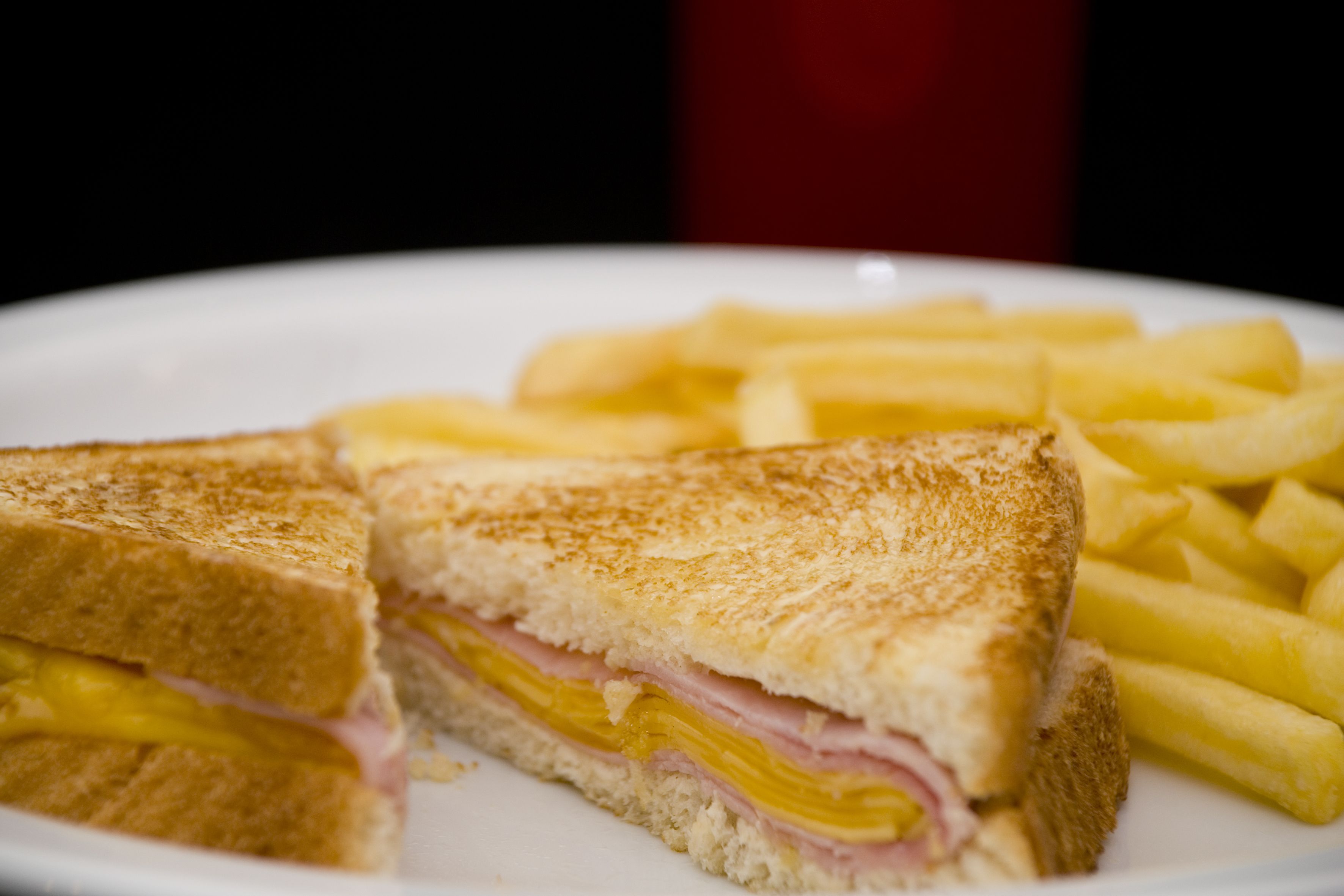 A plate with a sandwich and French fries.