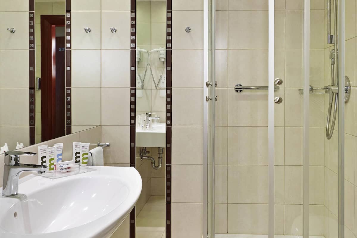 Eco-friendly toiletries, hair dryer, towels