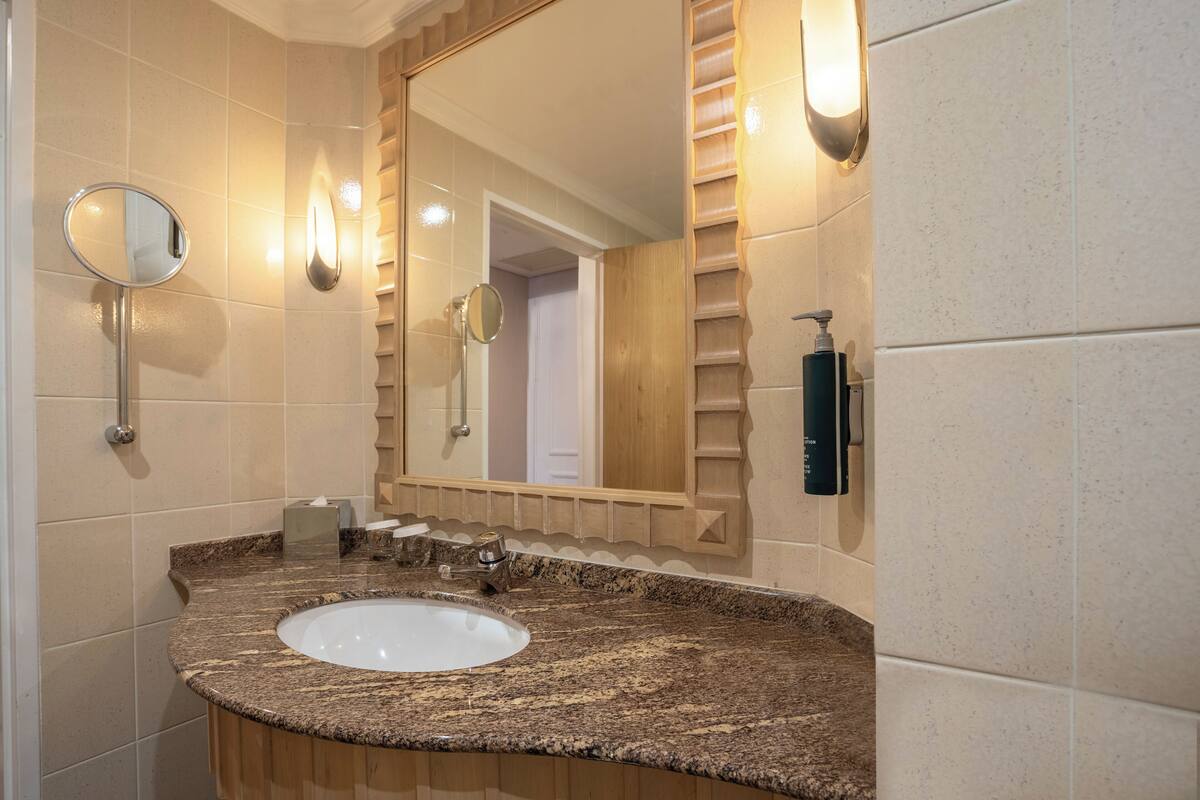 separate bathtub and shower, free toiletries, hair dryer, bathrobes