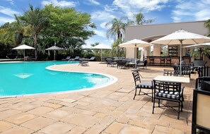 Outdoor pool, pool umbrellas, pool loungers