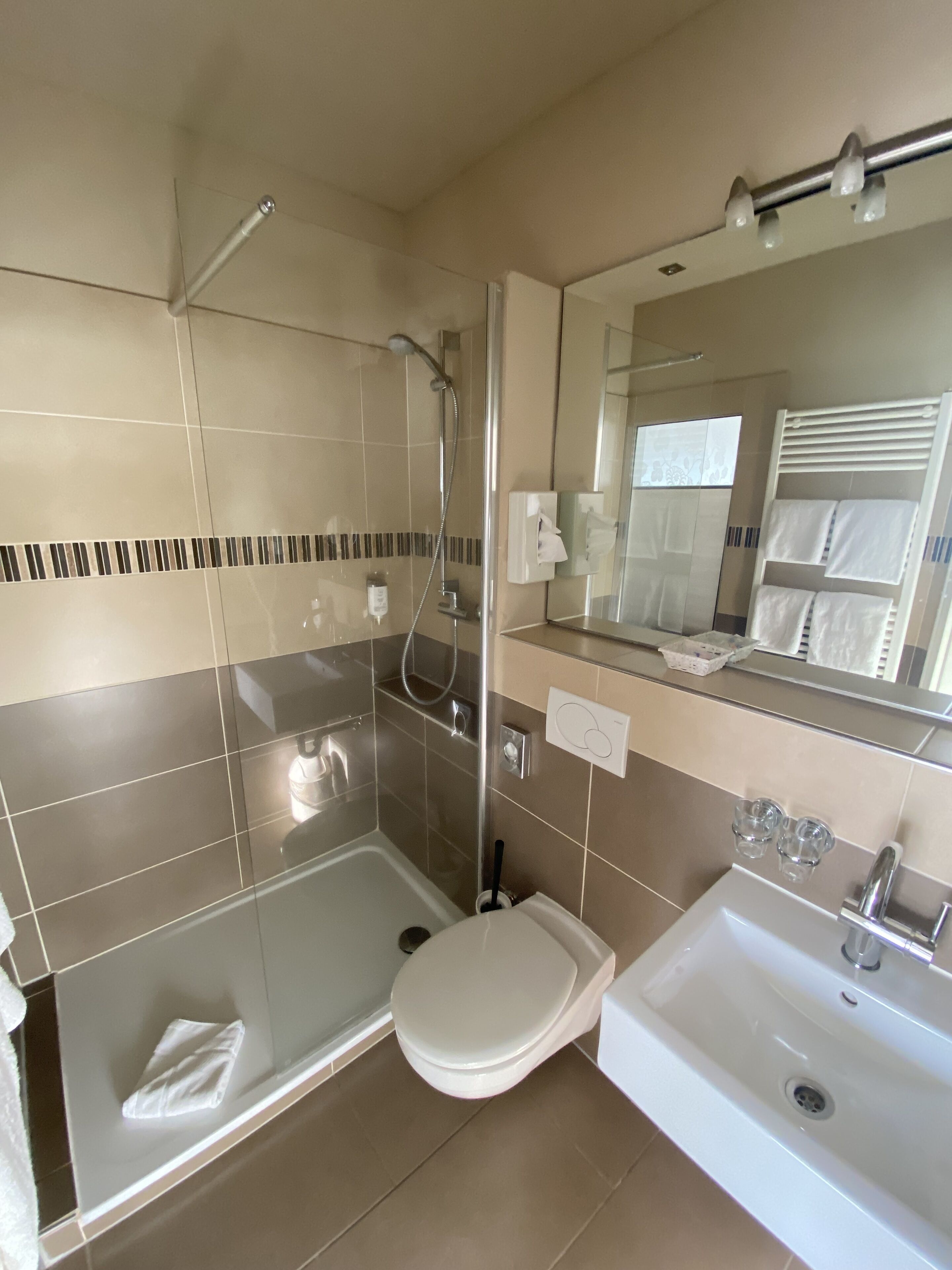 shower, free toiletries, hair dryer, towels