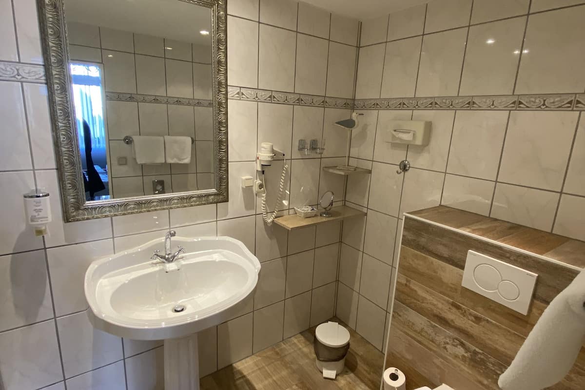 superior double room | bathroom | shower, free toiletries, hair dryer, towels