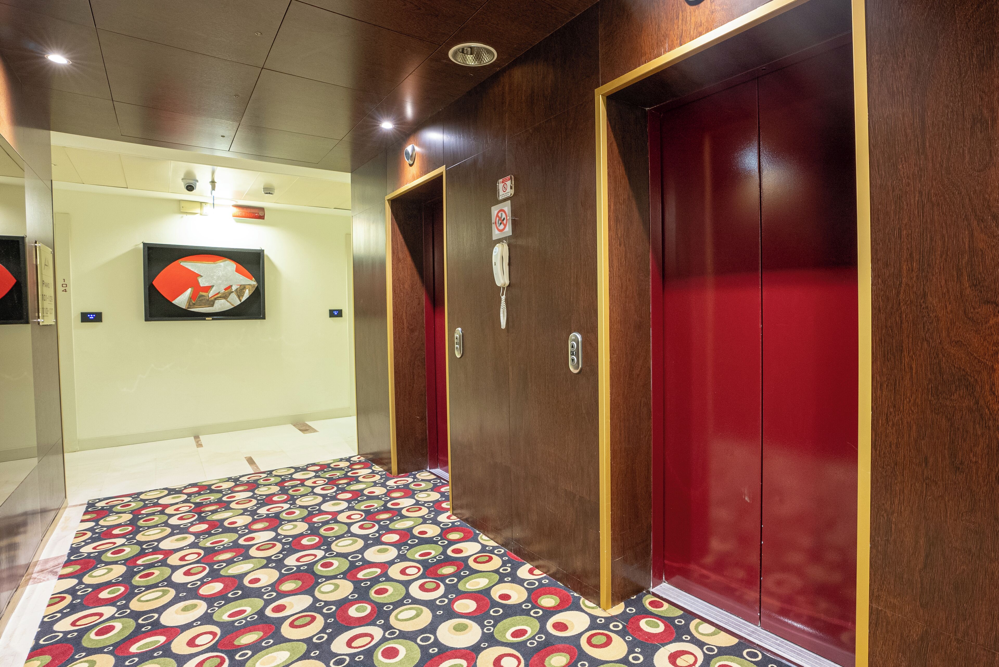 Un couloir avec un tapis à motifs, des portes en bois et une caméra de surveillance.