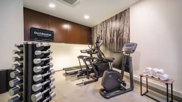 A gym with treadmills, a stationary bike, and a rack of dumbbells.