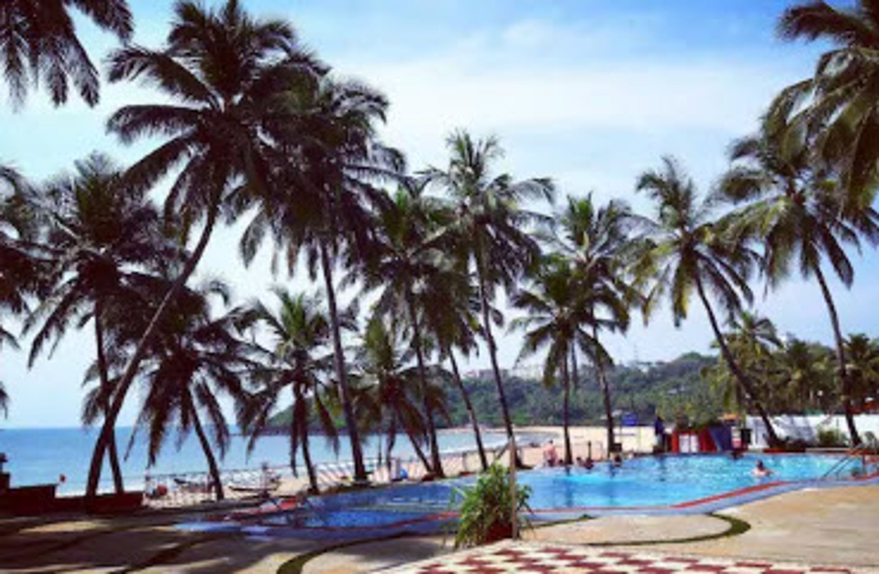 A pool area with palm trees and a view of the ocean.