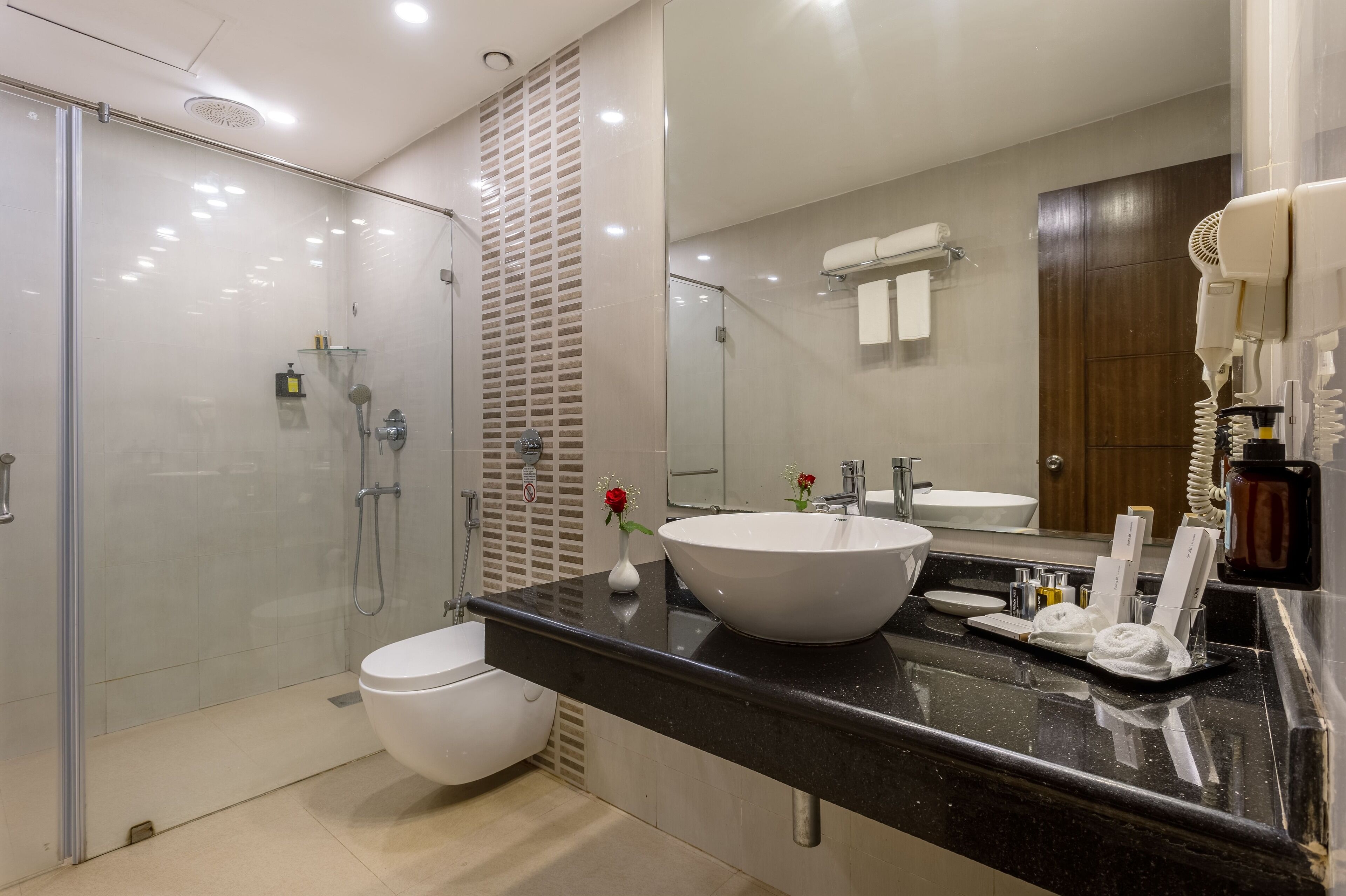 Une salle de bain moderne avec une douche à parois de verre, un lavabo blanc et un grand miroir.