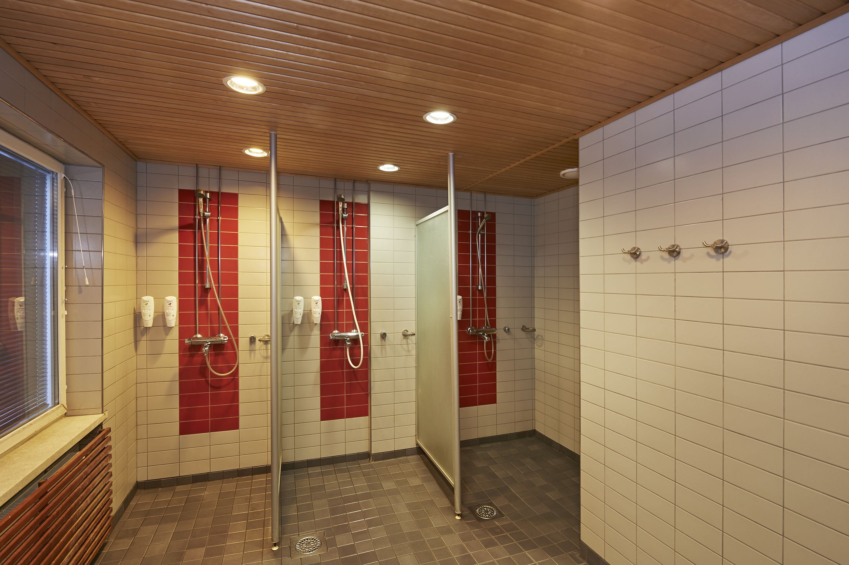 A modern shower area with wooden ceiling, tiled walls, and a glass partition.