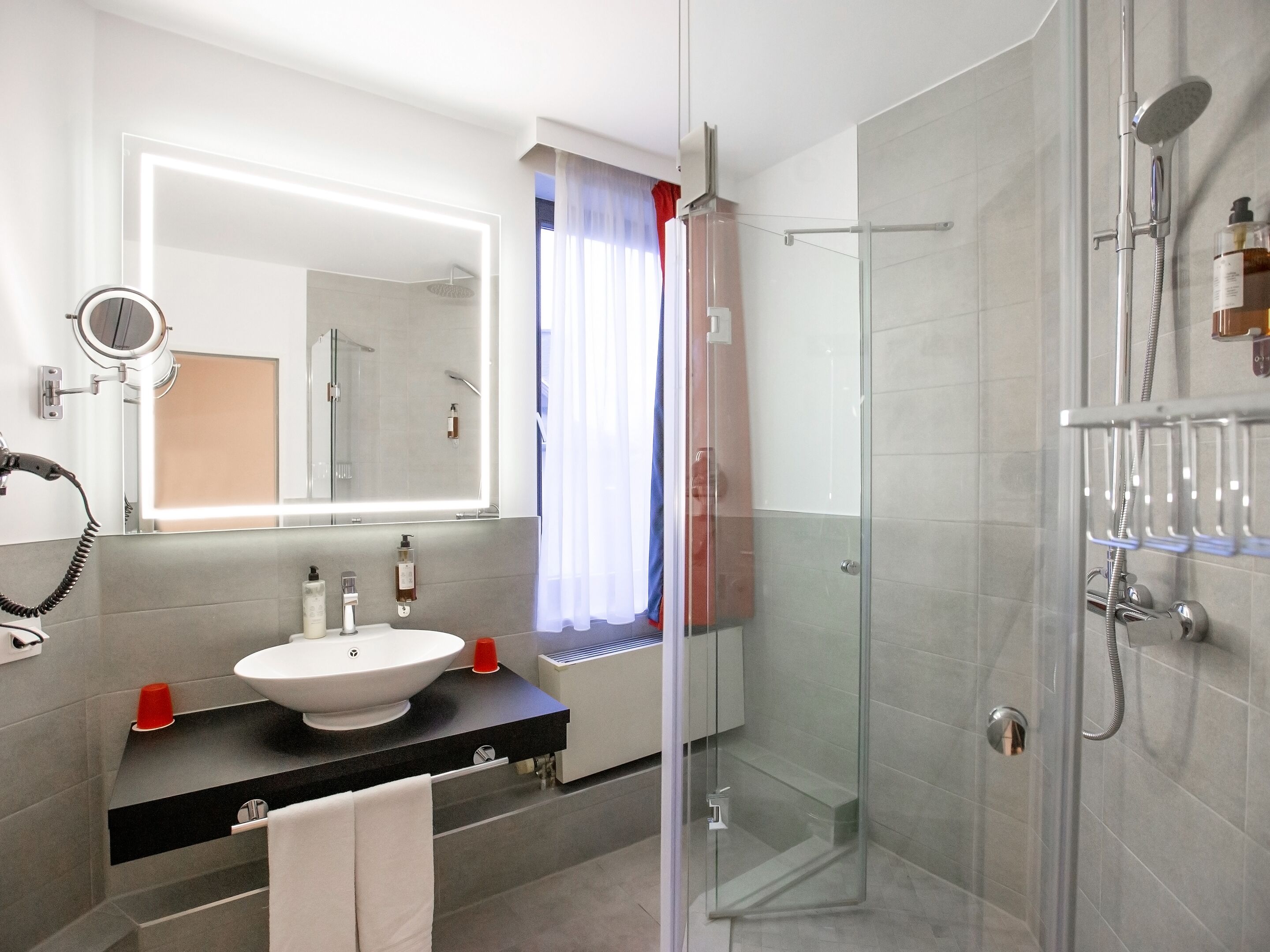 comfort room | bathroom | shower, hair dryer, towels