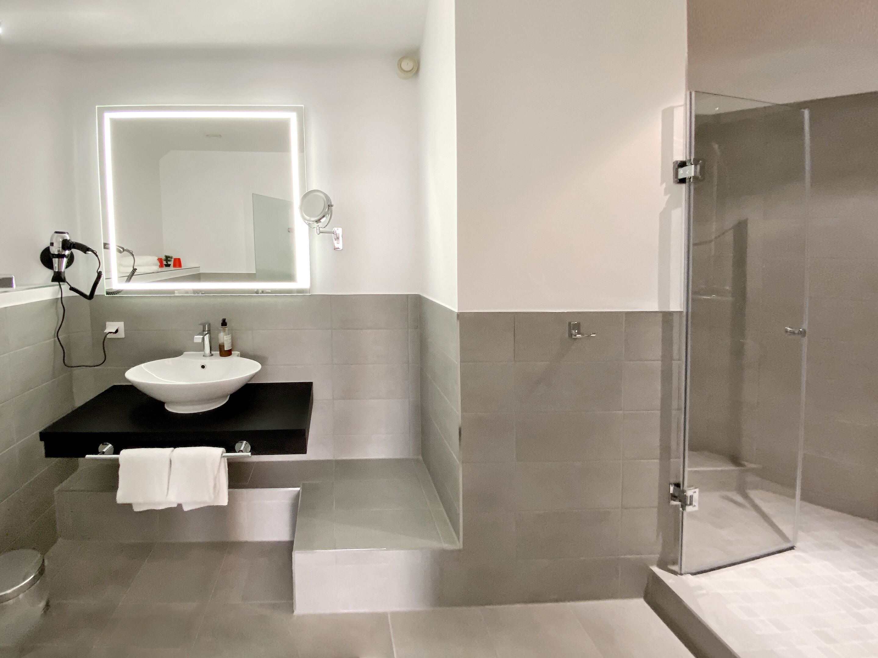 suite | bathroom | shower, hair dryer, towels