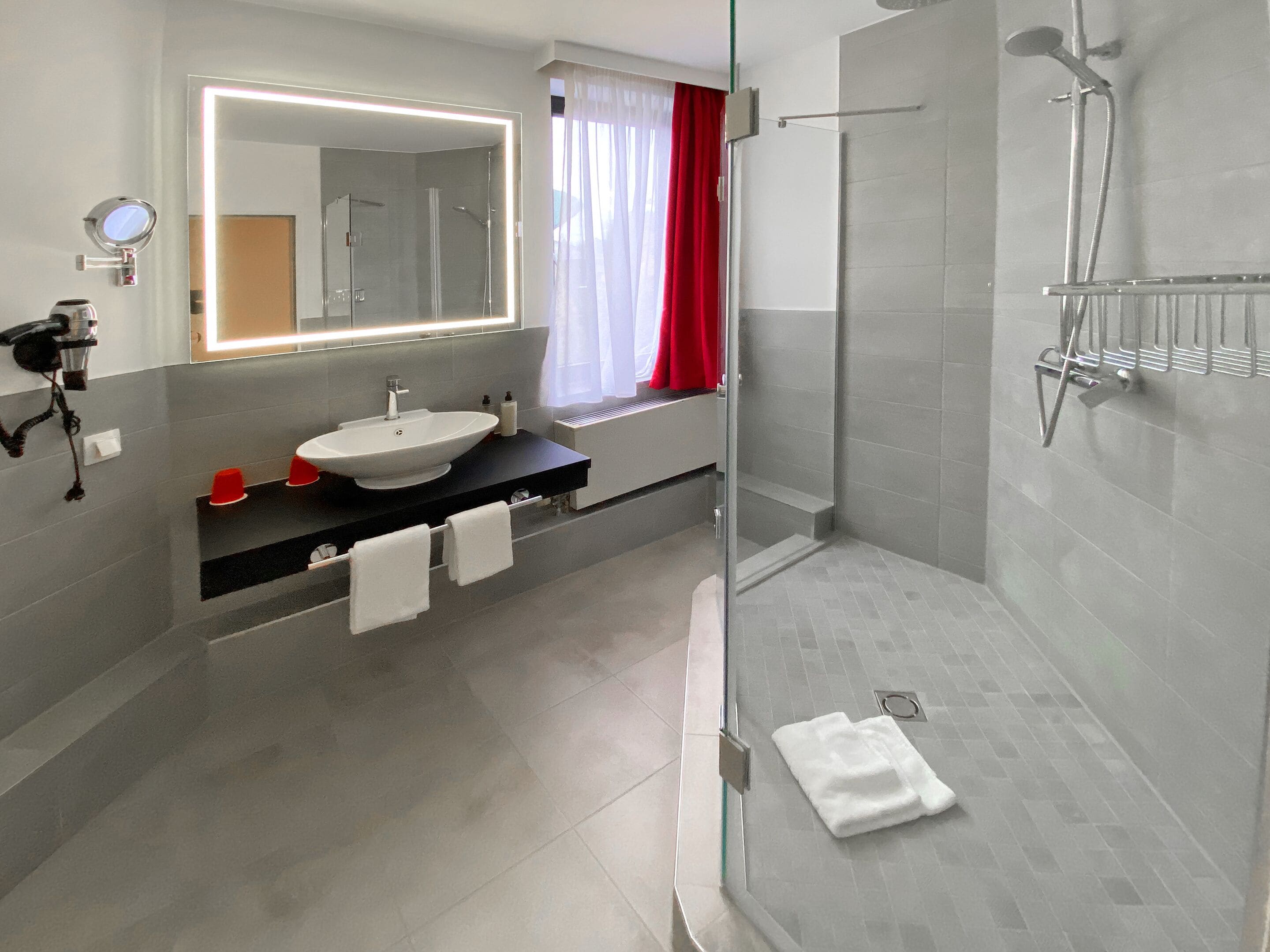 comfort room | bathroom | shower, hair dryer, towels