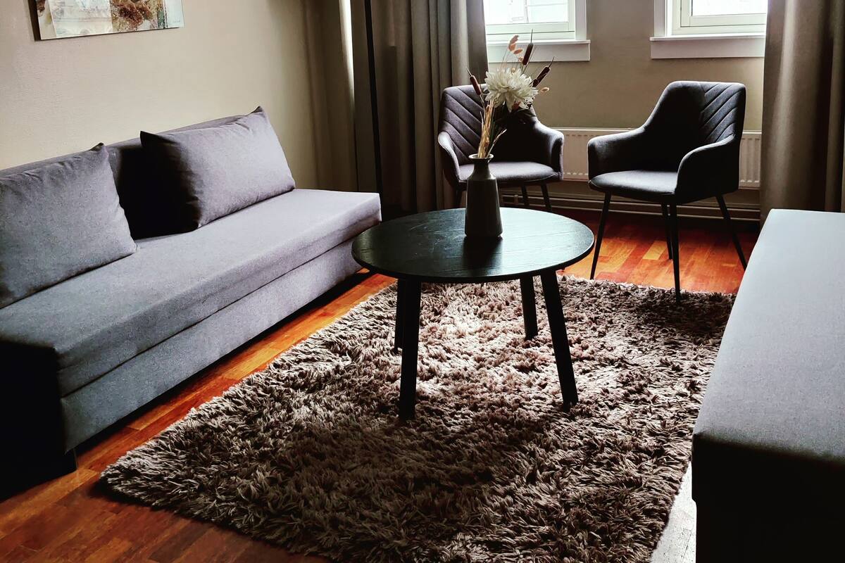A modern living room with a grey sofa, a small round table with a vase, two black chairs, a fluffy rug, and large windows with curtains.