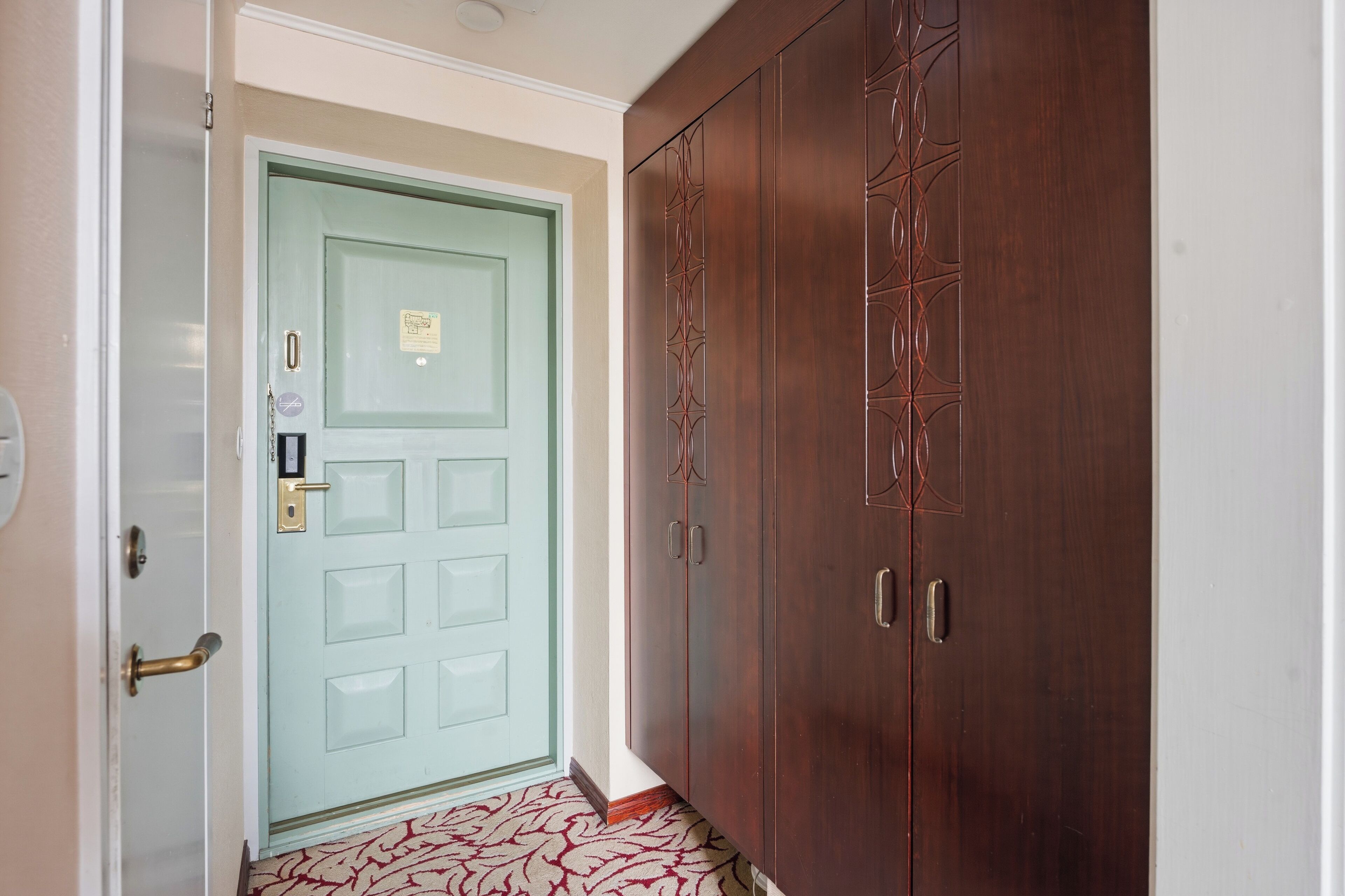 A hallway with a green door, a wooden wardrobe, and a patterned carpet.