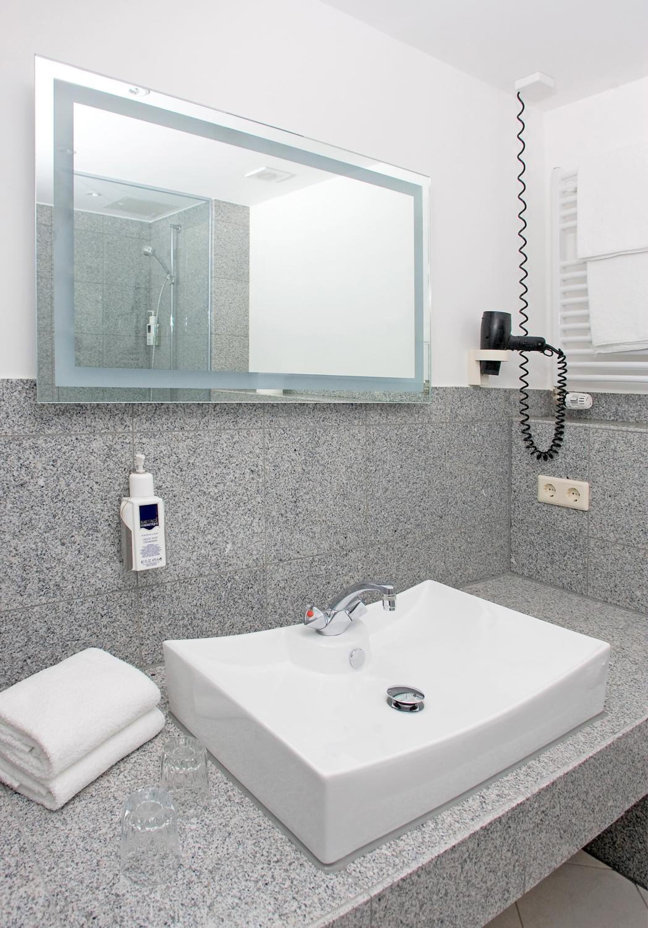 free toiletries, hair dryer, towels