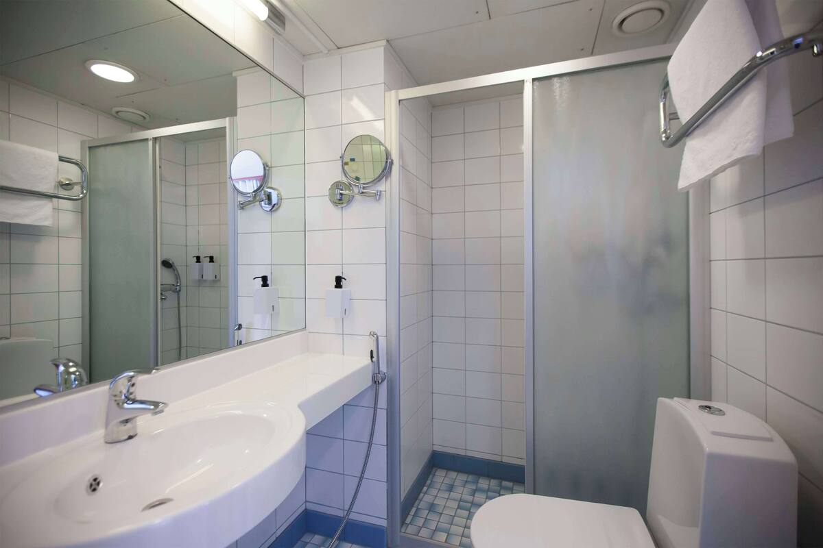 Ein Badezimmer mit Waschbecken, Spiegel, Dusche und Toilette.