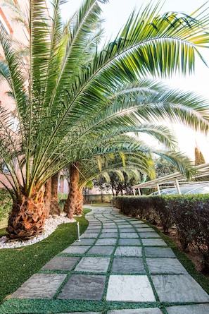 A stone pathway lined with palm trees and a hedge, leading to a building. - VP SOGNIO Madroño (Madrid)