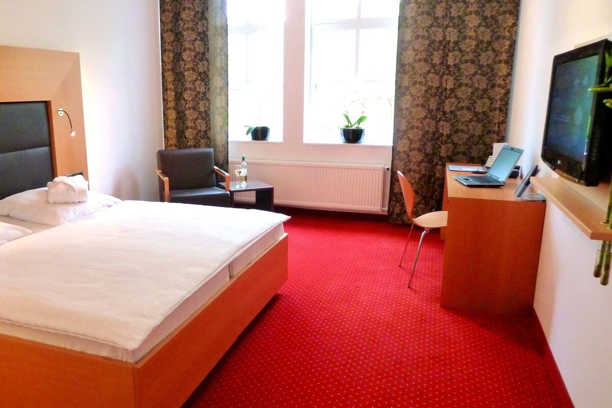 Habitación de hotel con una cama grande, un escritorio con una computadora portátil, una silla, un televisor y dos plantas en macetas cerca de la ventana.
