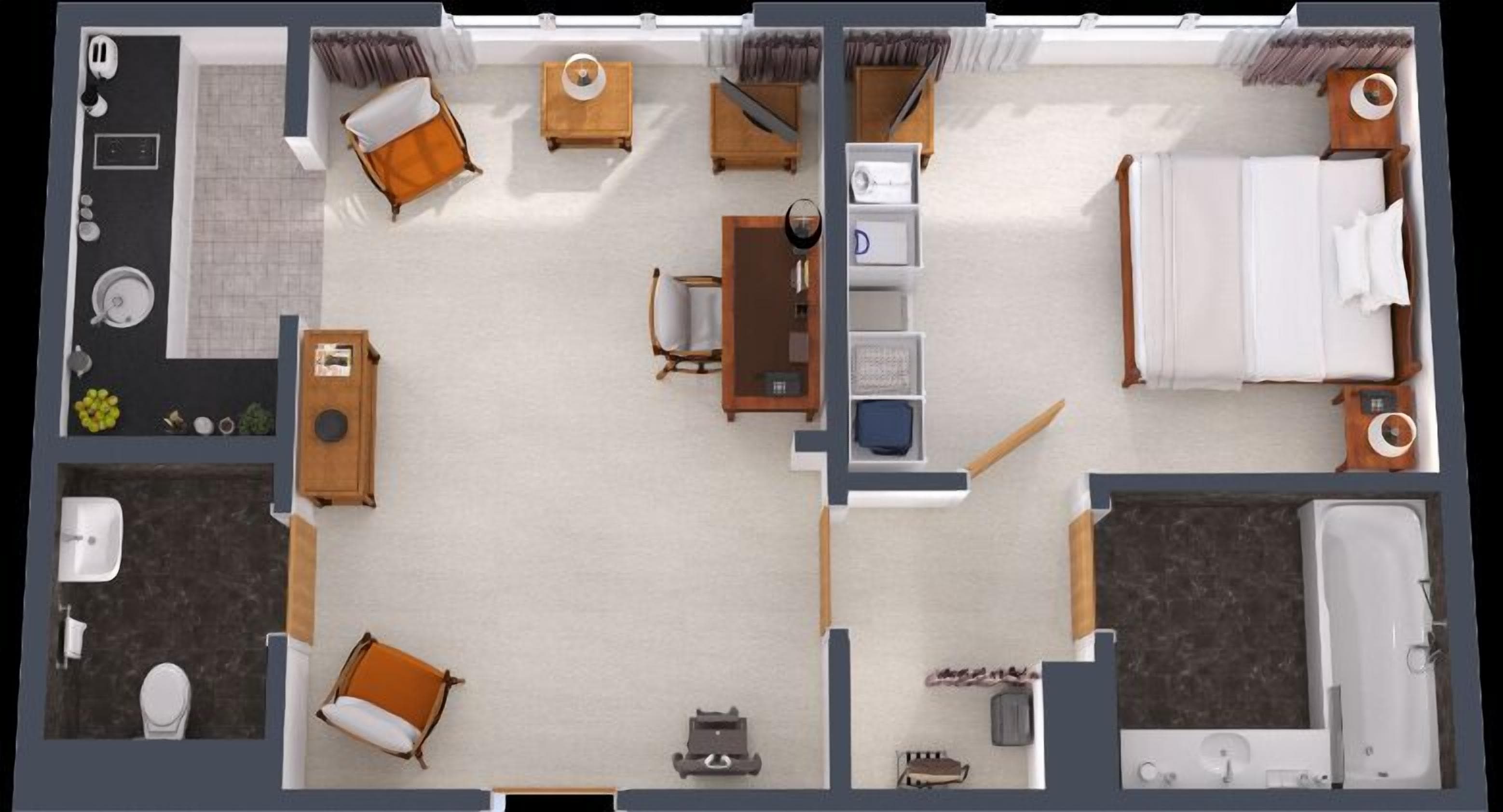 Indeling van een hotelkamer met een bed, twee zithoeken, een bureau, een badkamer en een klein balkon.