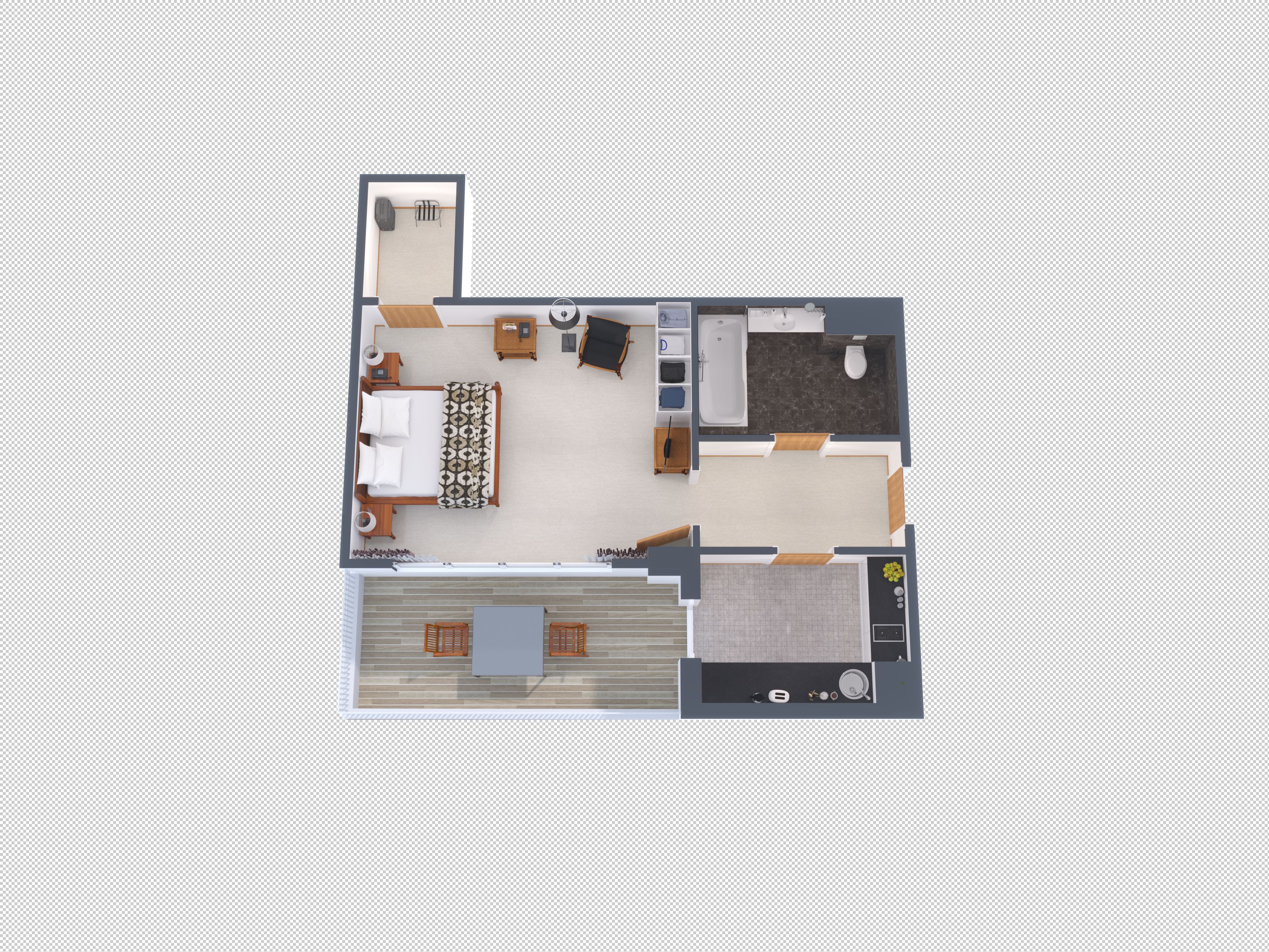 Un plan d’aménagement de chambre d’hôtel comprenant un lit, un coin salon, une salle de bain et une kitchenette.
