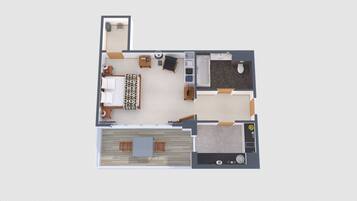 Un plan d’aménagement de chambre d’hôtel comprenant un lit, un coin salon, une salle de bain et une kitchenette.