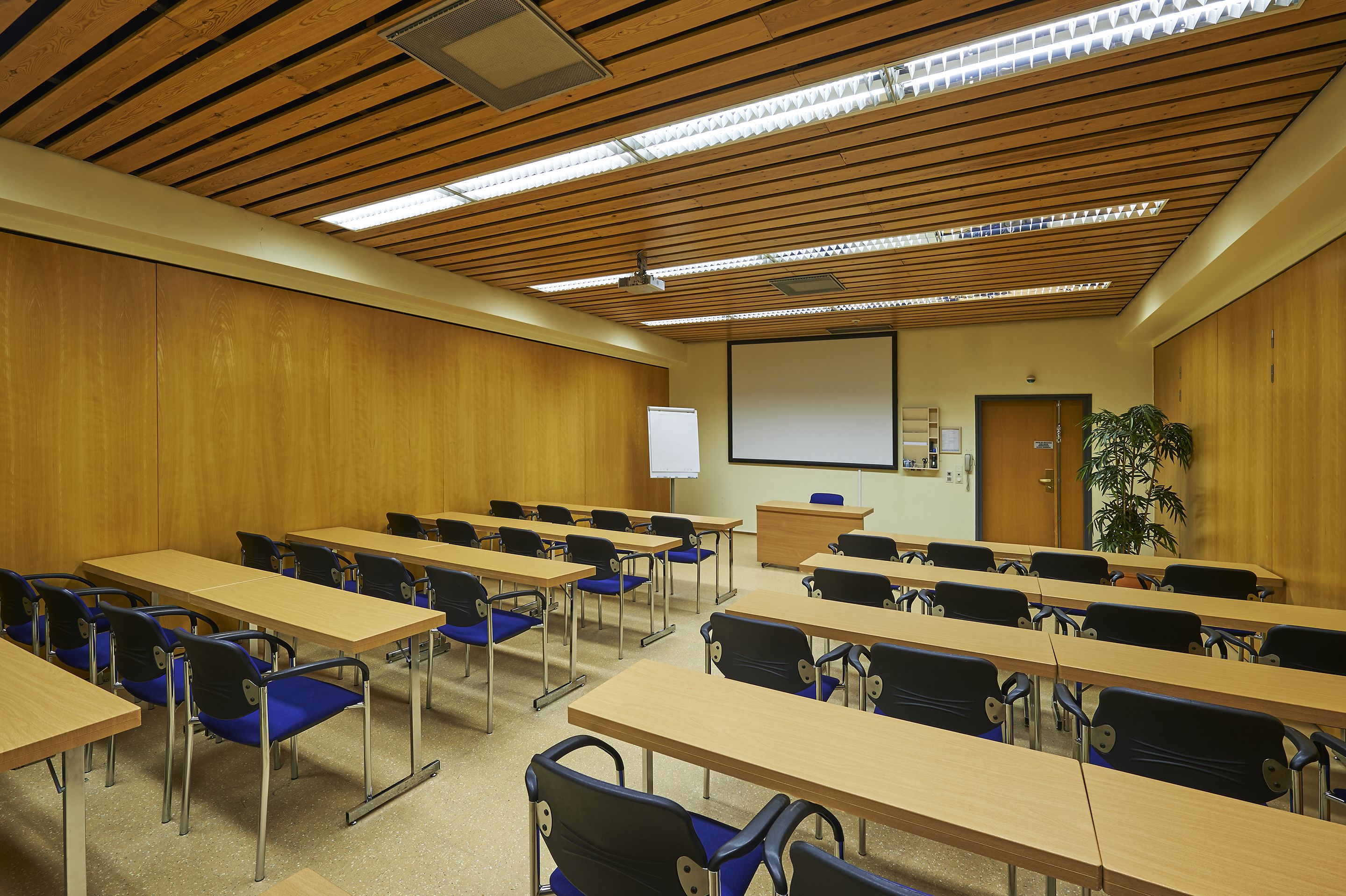 Un aula con paredes de madera, iluminación fluorescente y filas de escritorios con sillas azules.