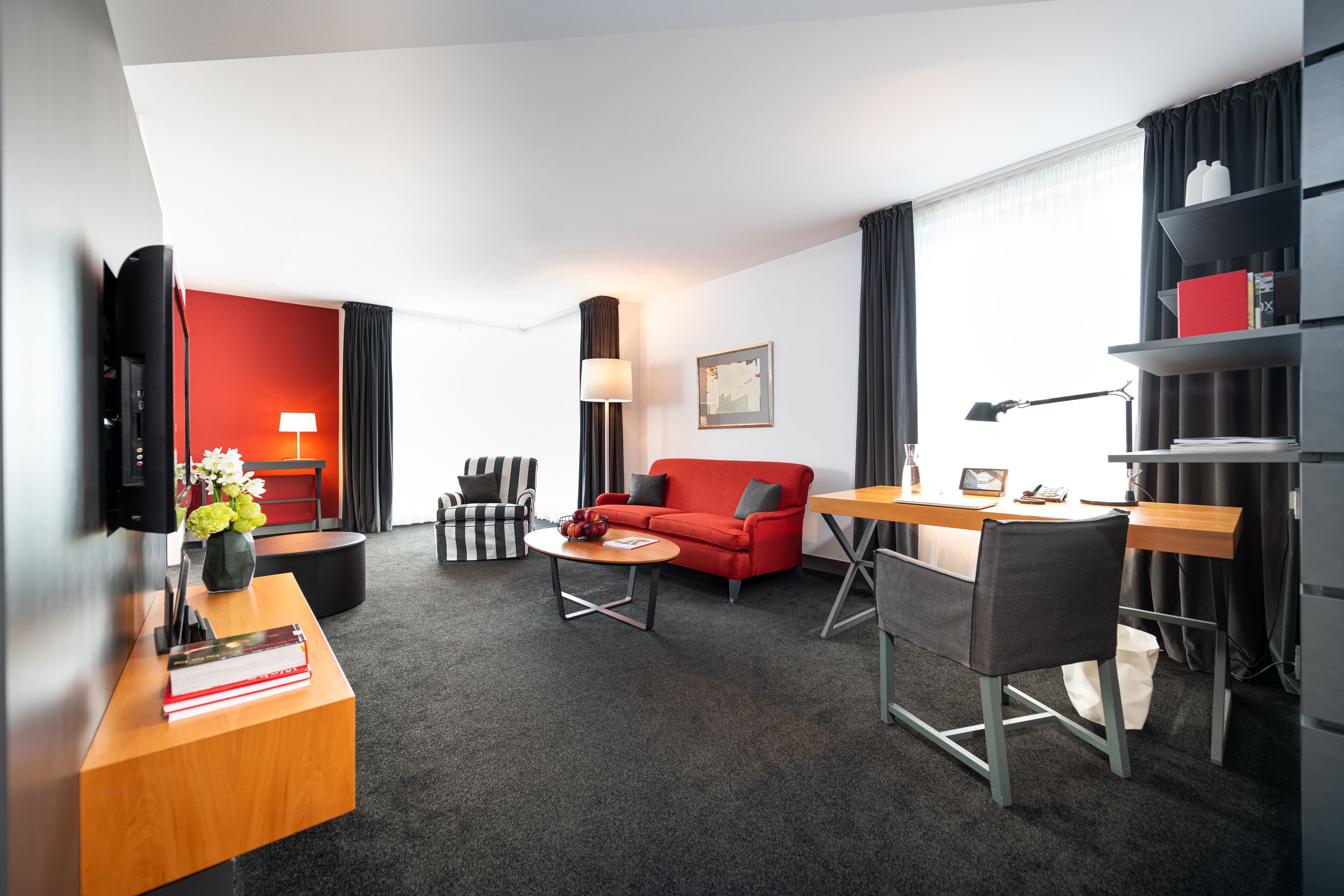 suite, multiple beds, kitchenette | living area | flat-screen tv, tablet, offices