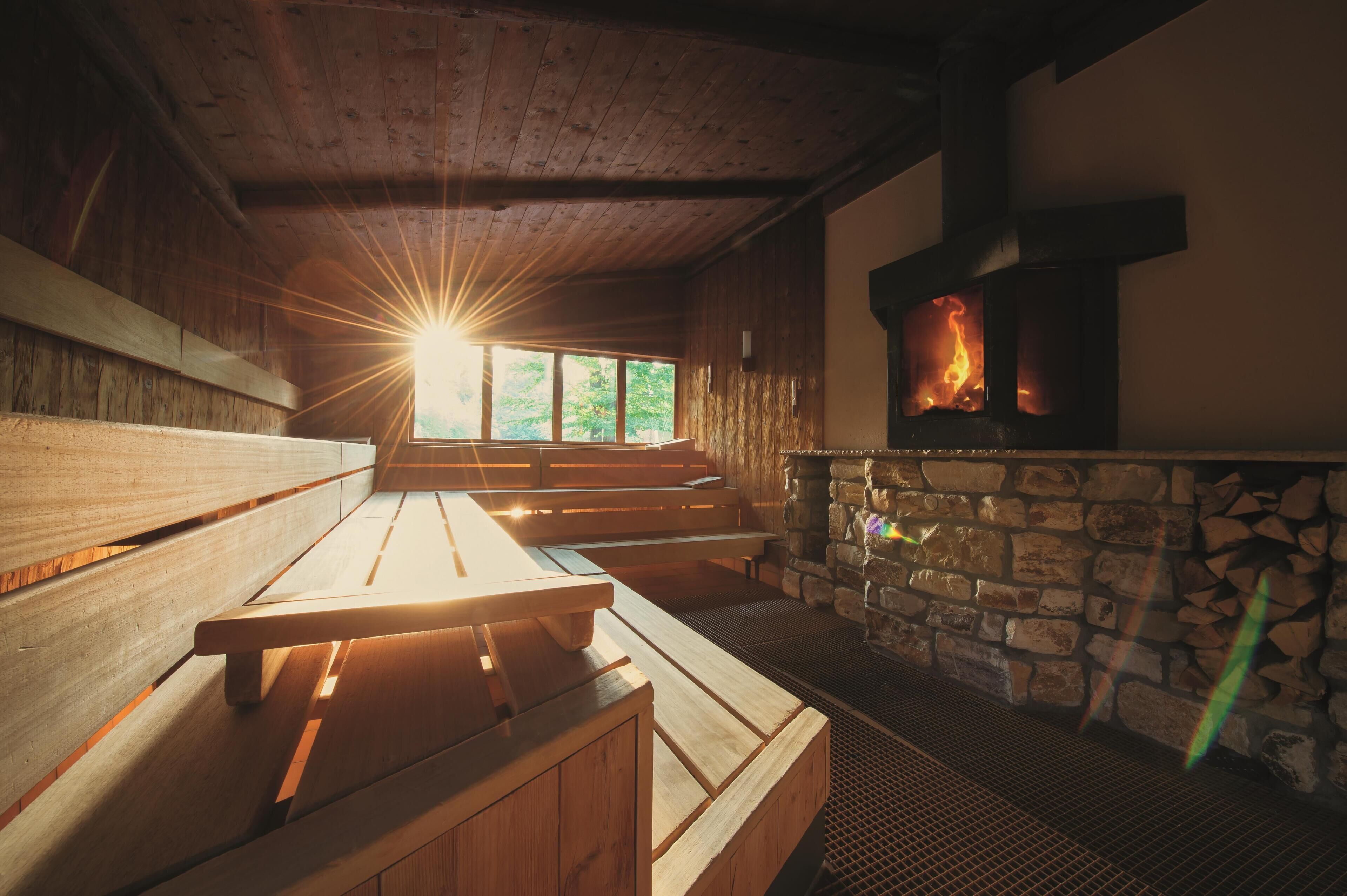 A wooden interior with benches, a stone fireplace, and a view of greenery outside.
